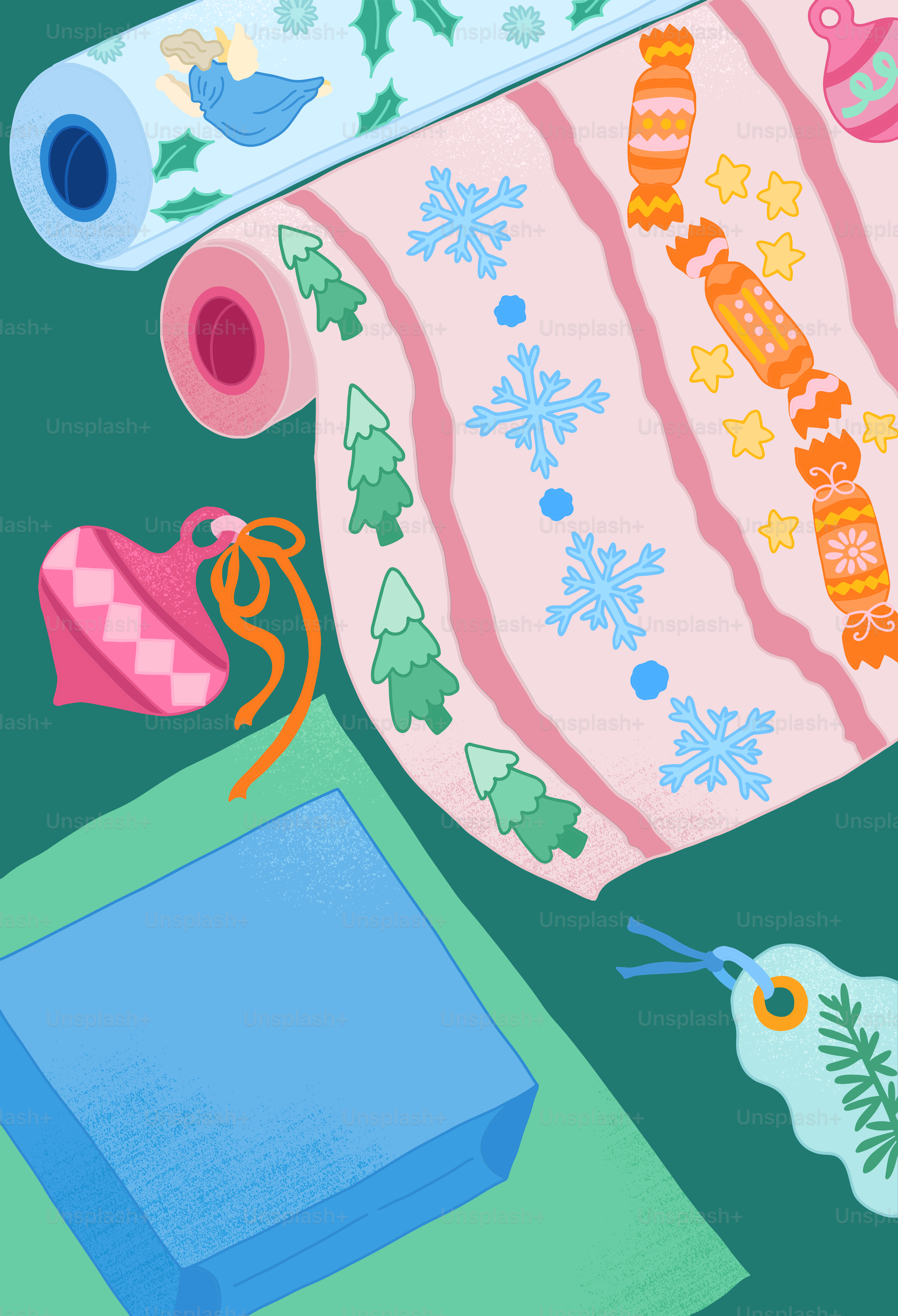 An illustration of a christmas gift bag and other items