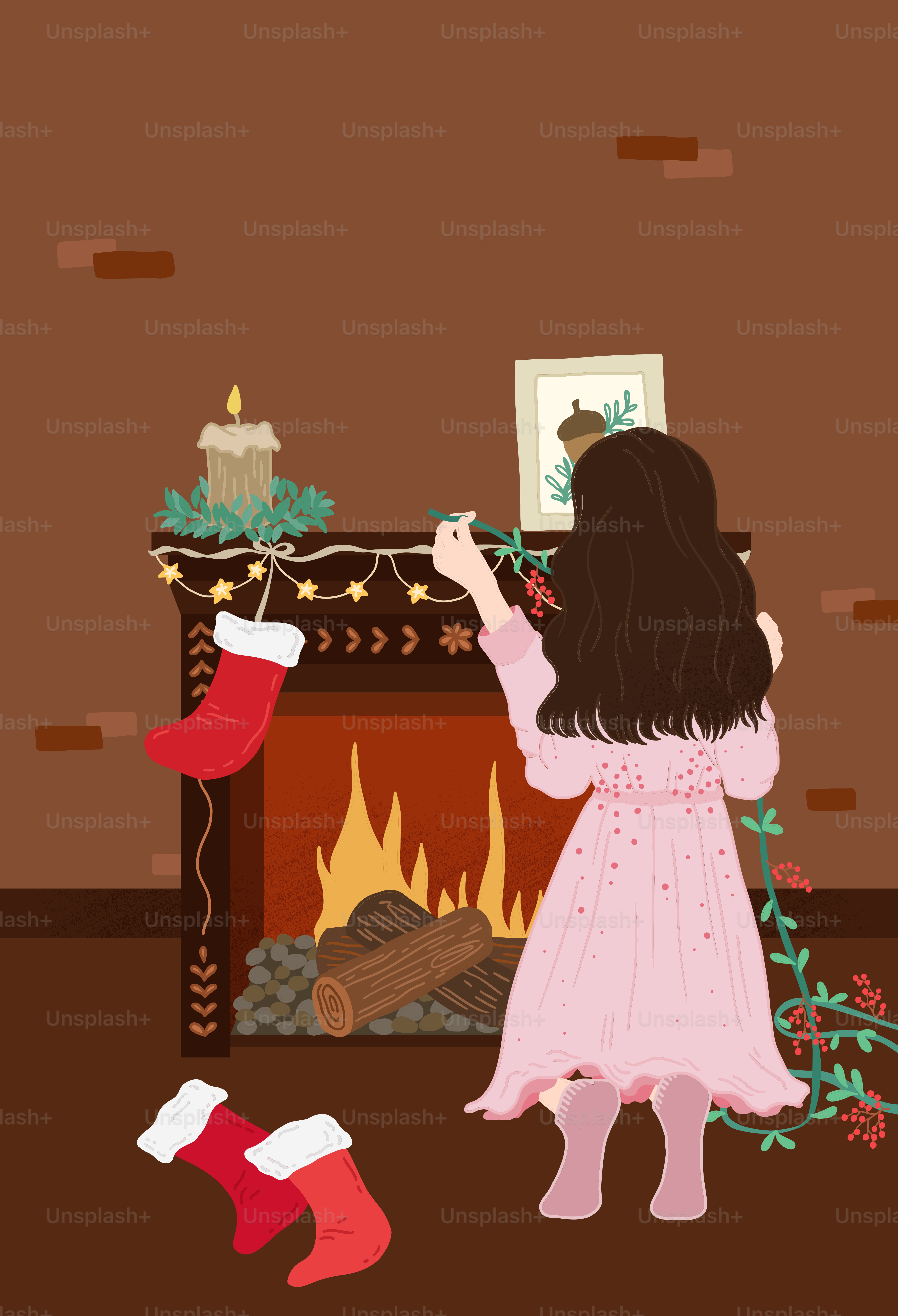 A little girl standing in front of a fire place