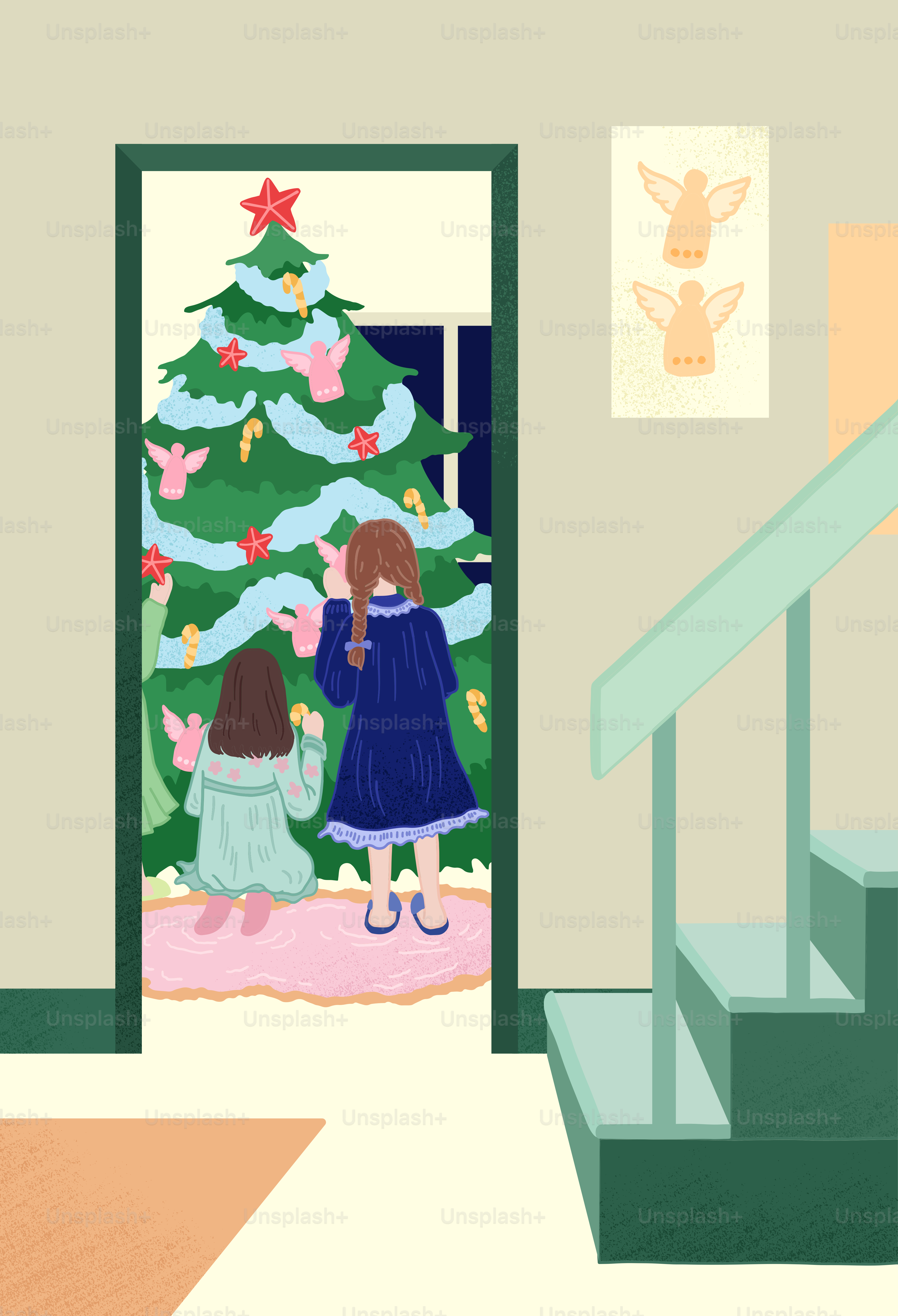 A woman and a child standing in front of a christmas tree