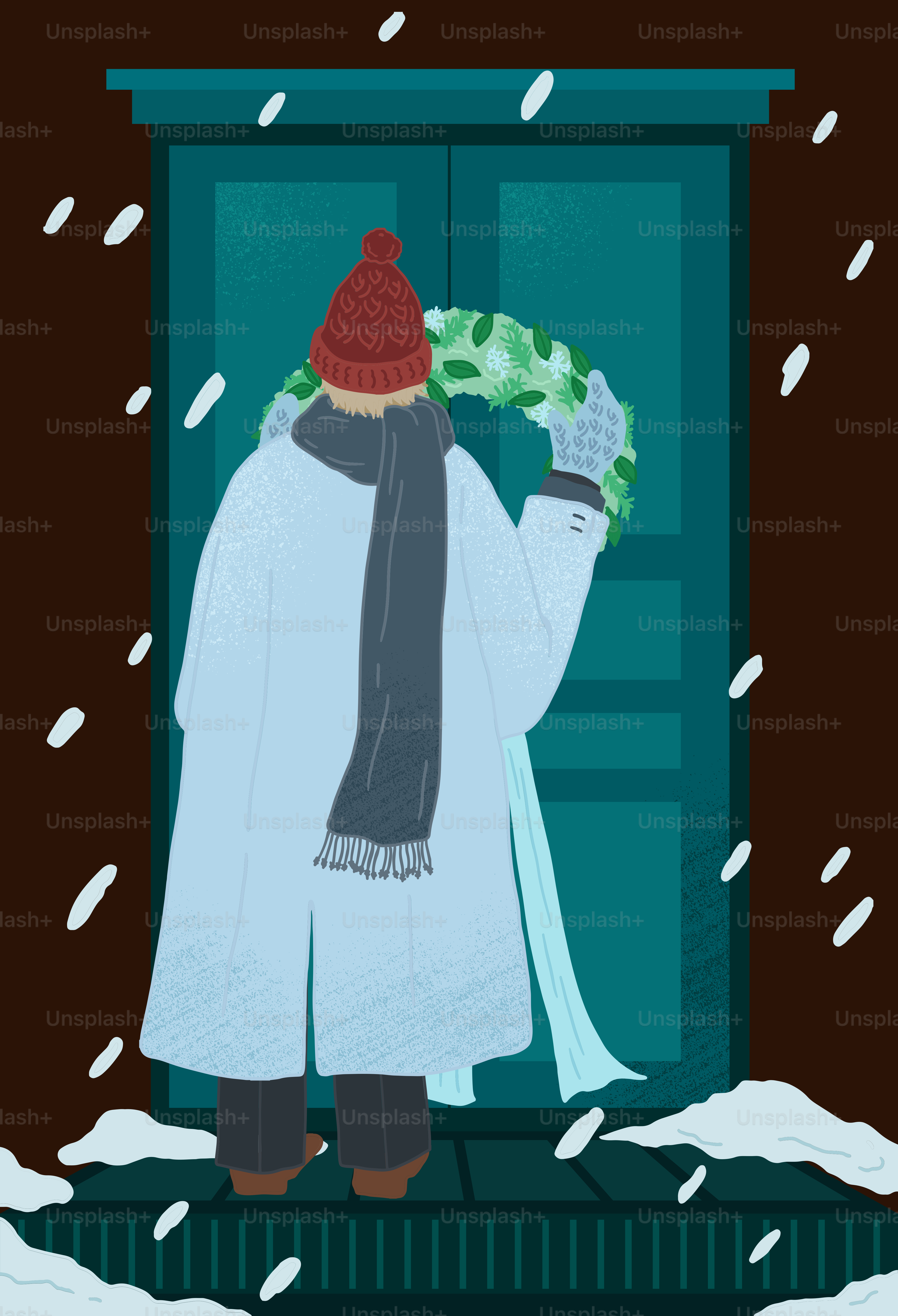 A person standing in front of a door in the snow