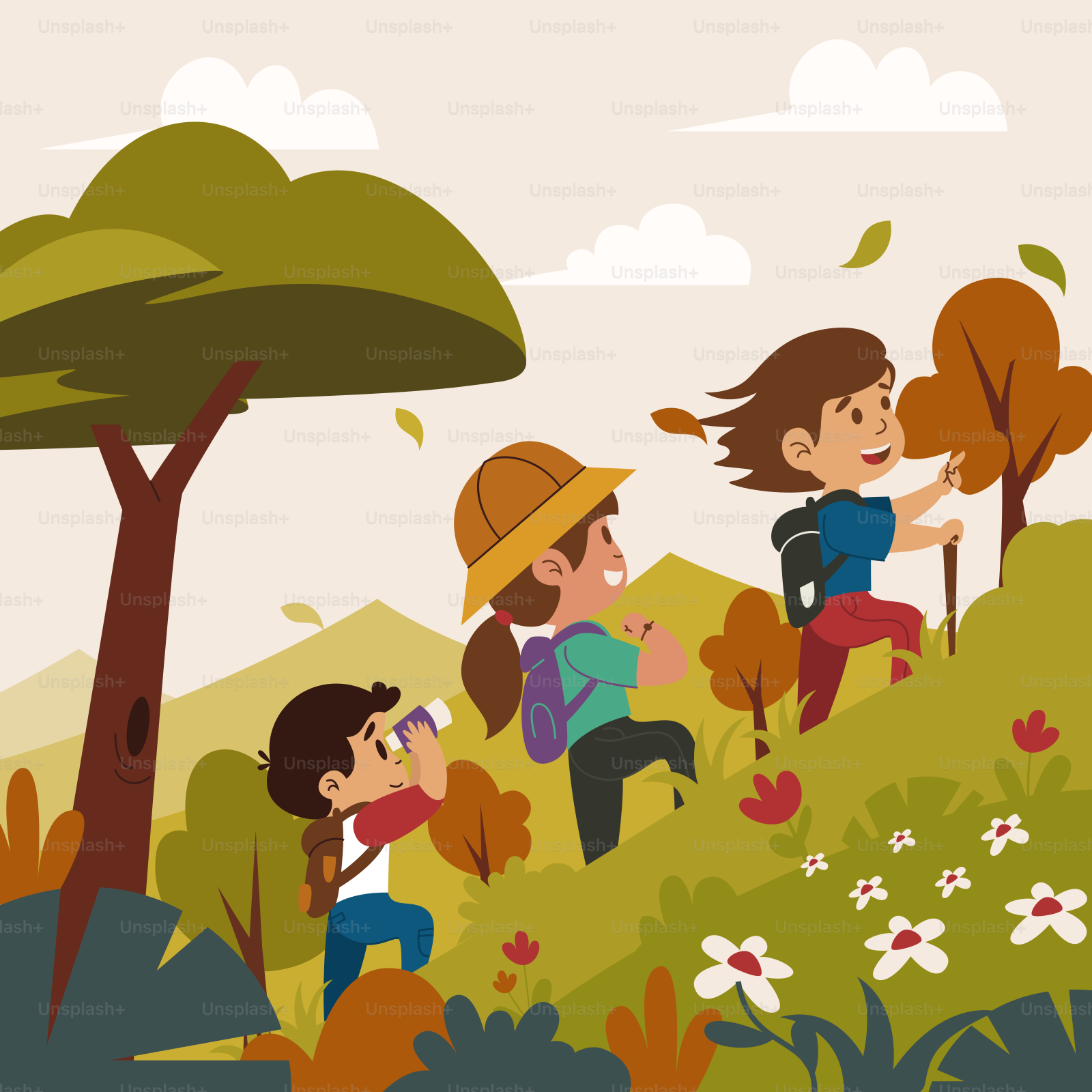 Un gruppo di bambini che sale su una collina vettoriale – Immagine di  Illustrazione su Unsplash, image size:3000x3000