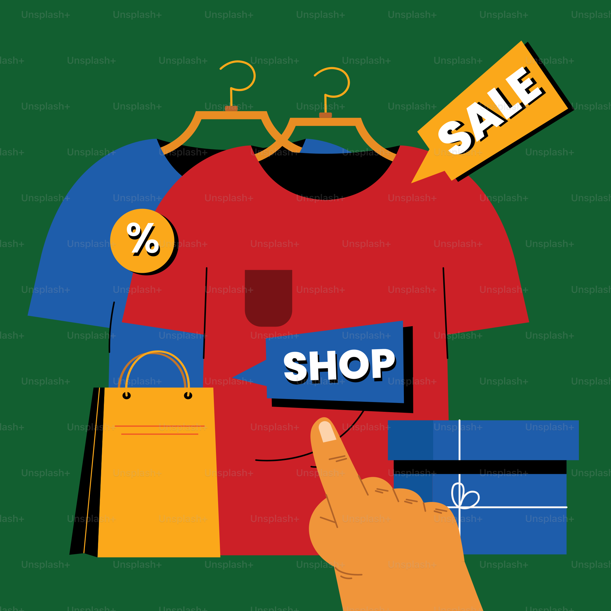 Une main pointant vers une chemise rouge sur fond vert