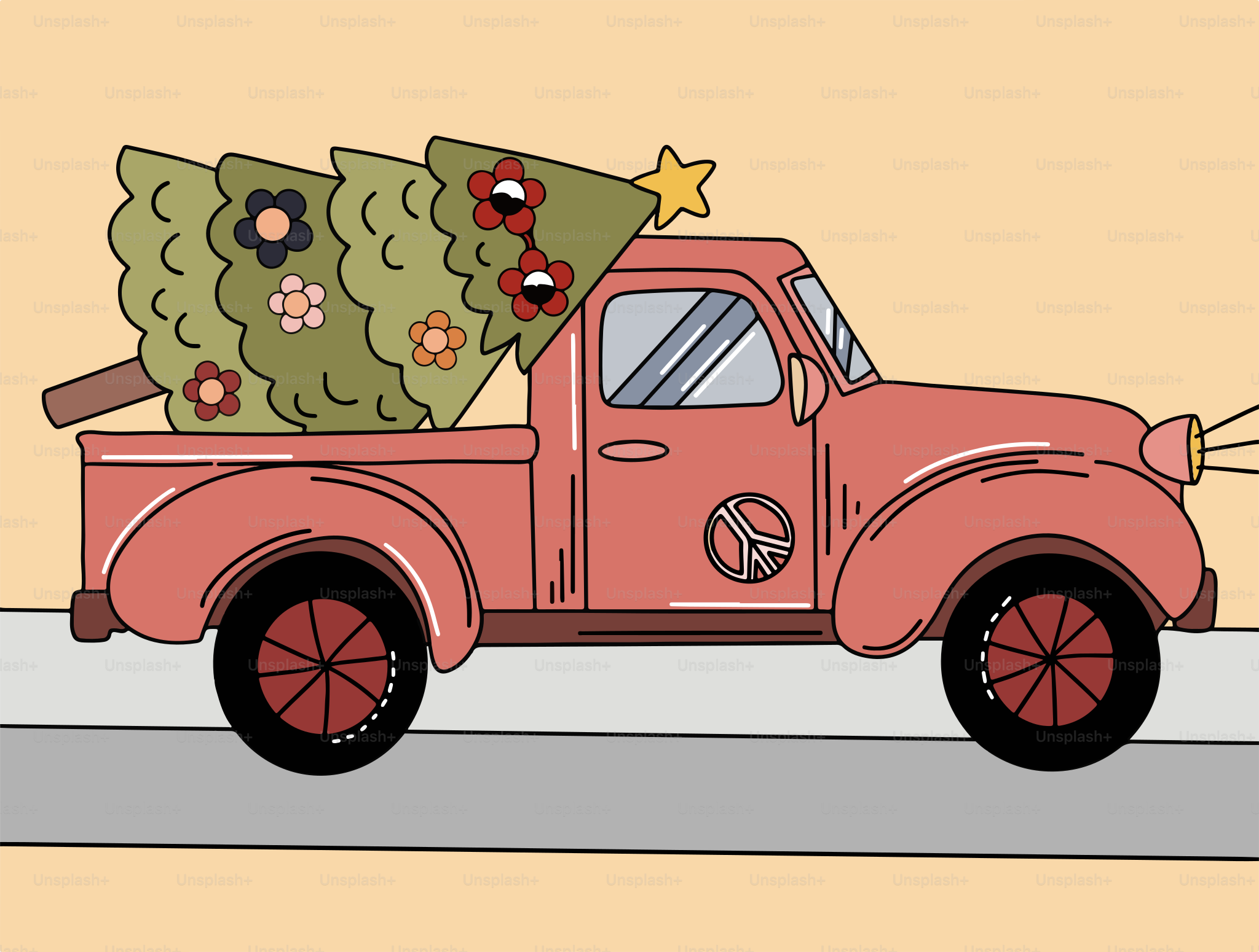 Un camion rosso con un albero di Natale sul retro
