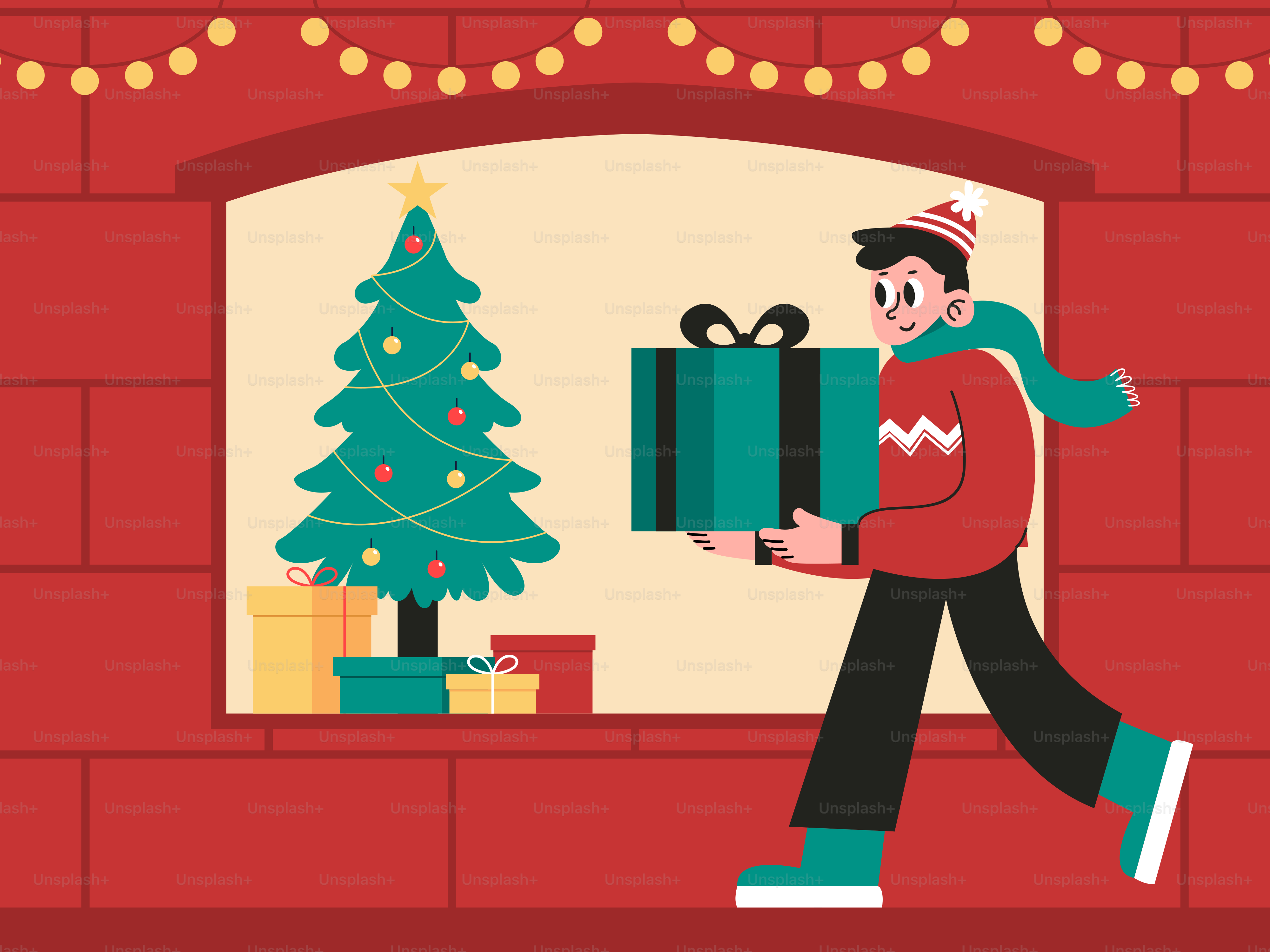 A man carrying a christmas present in front of a fireplace