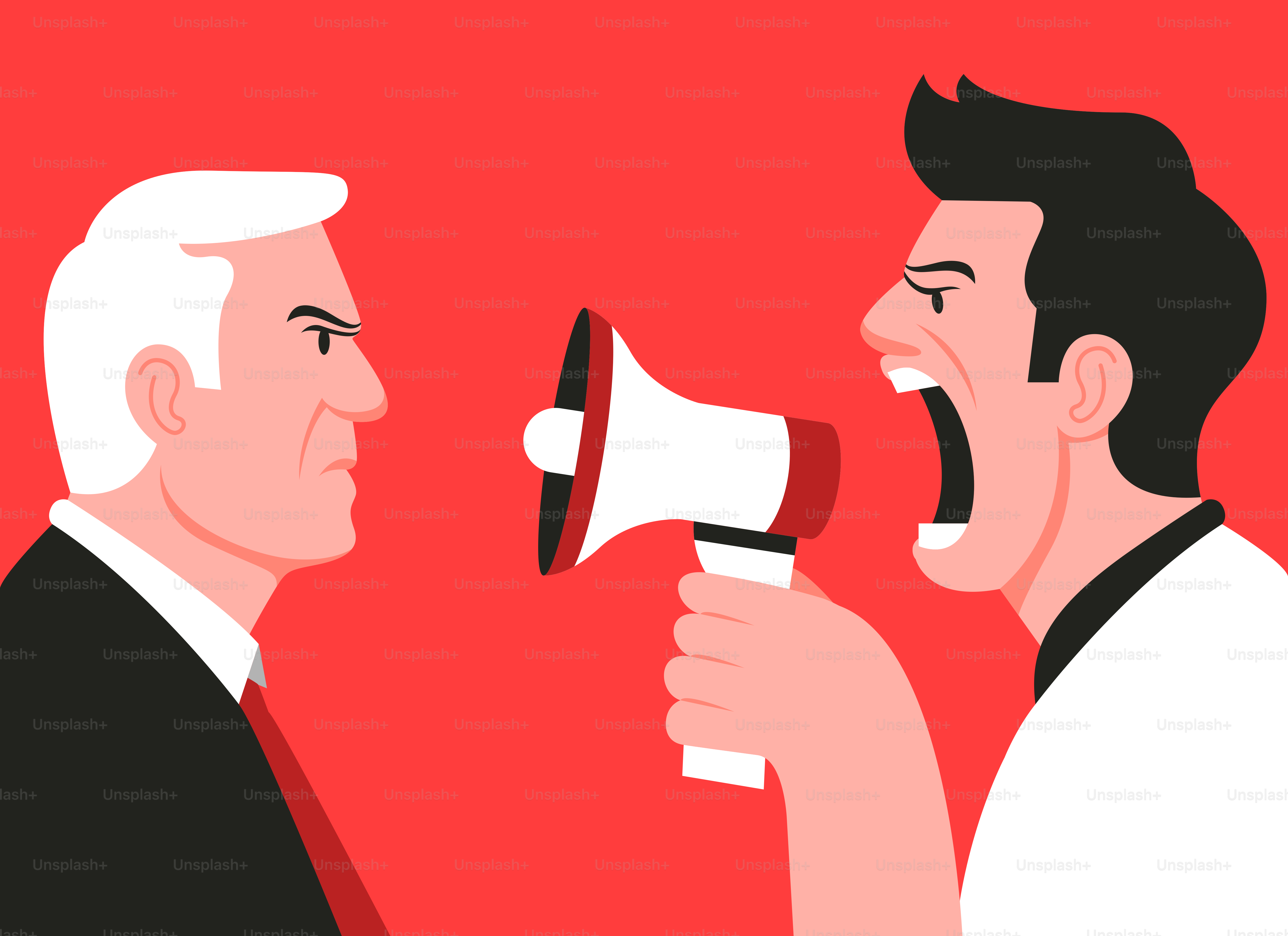 A man holding a megaphone with another man yelling into it