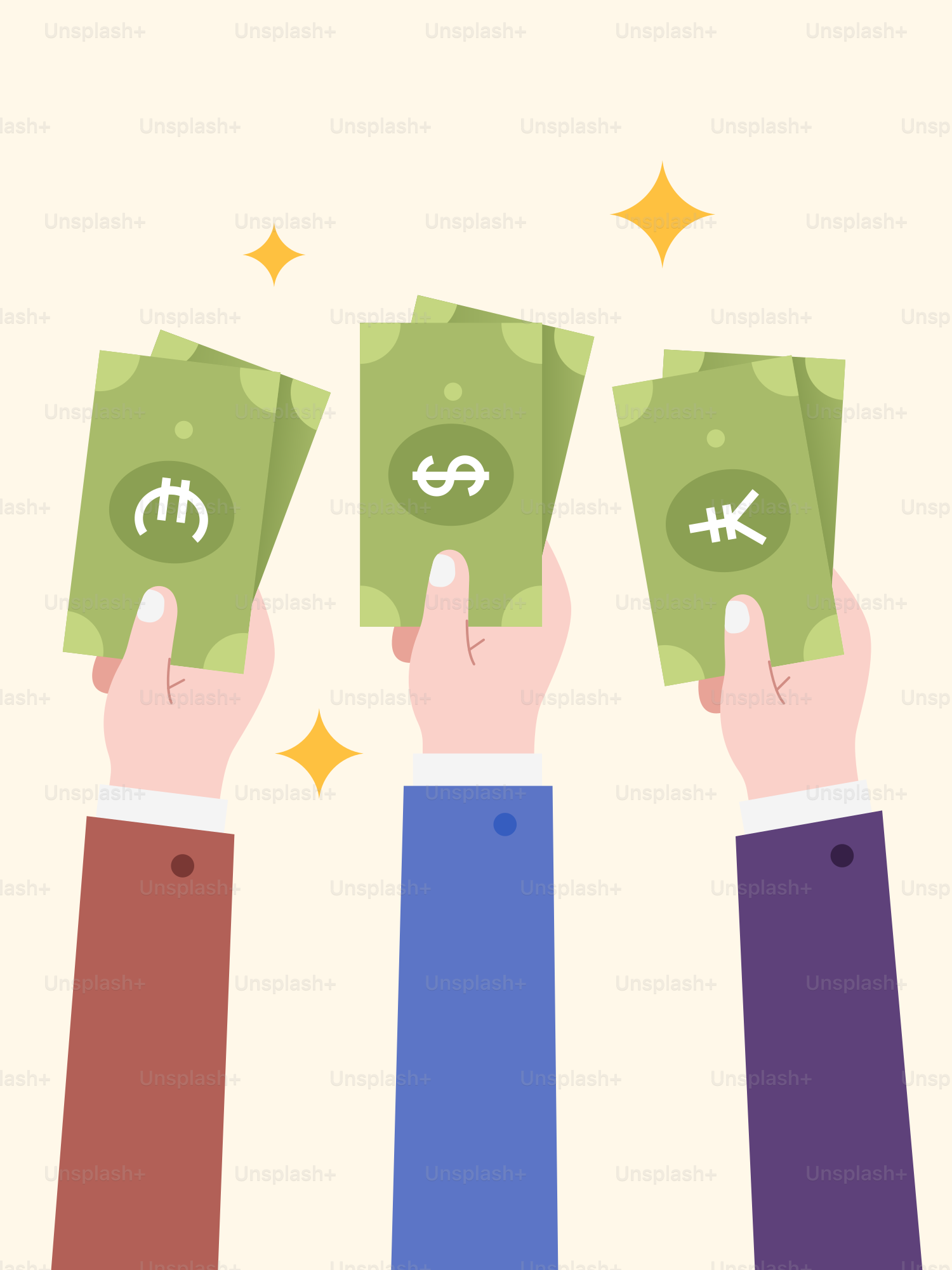 Three hands holding money in front of a white background