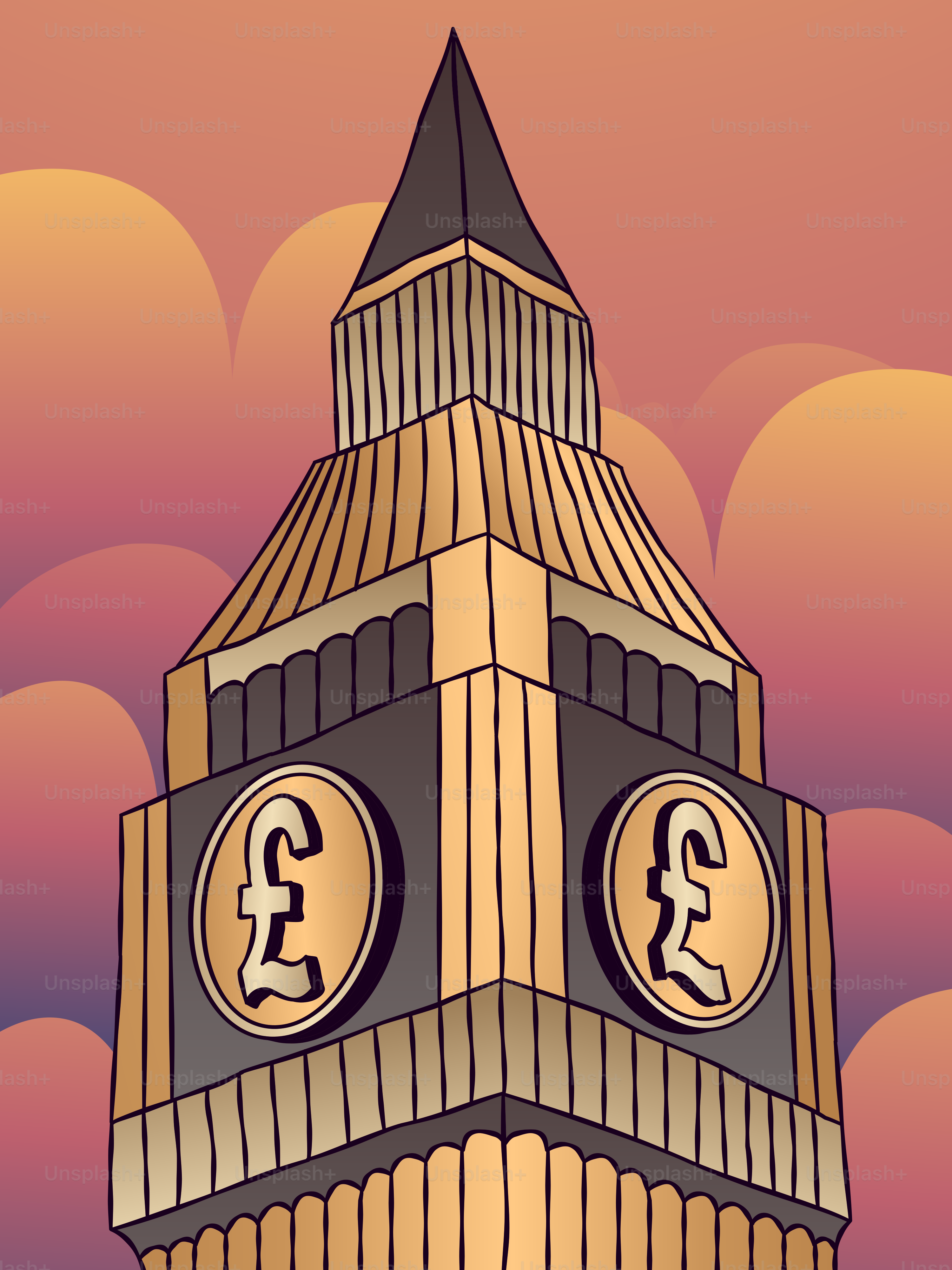 A drawing of a clock tower with clouds in the background