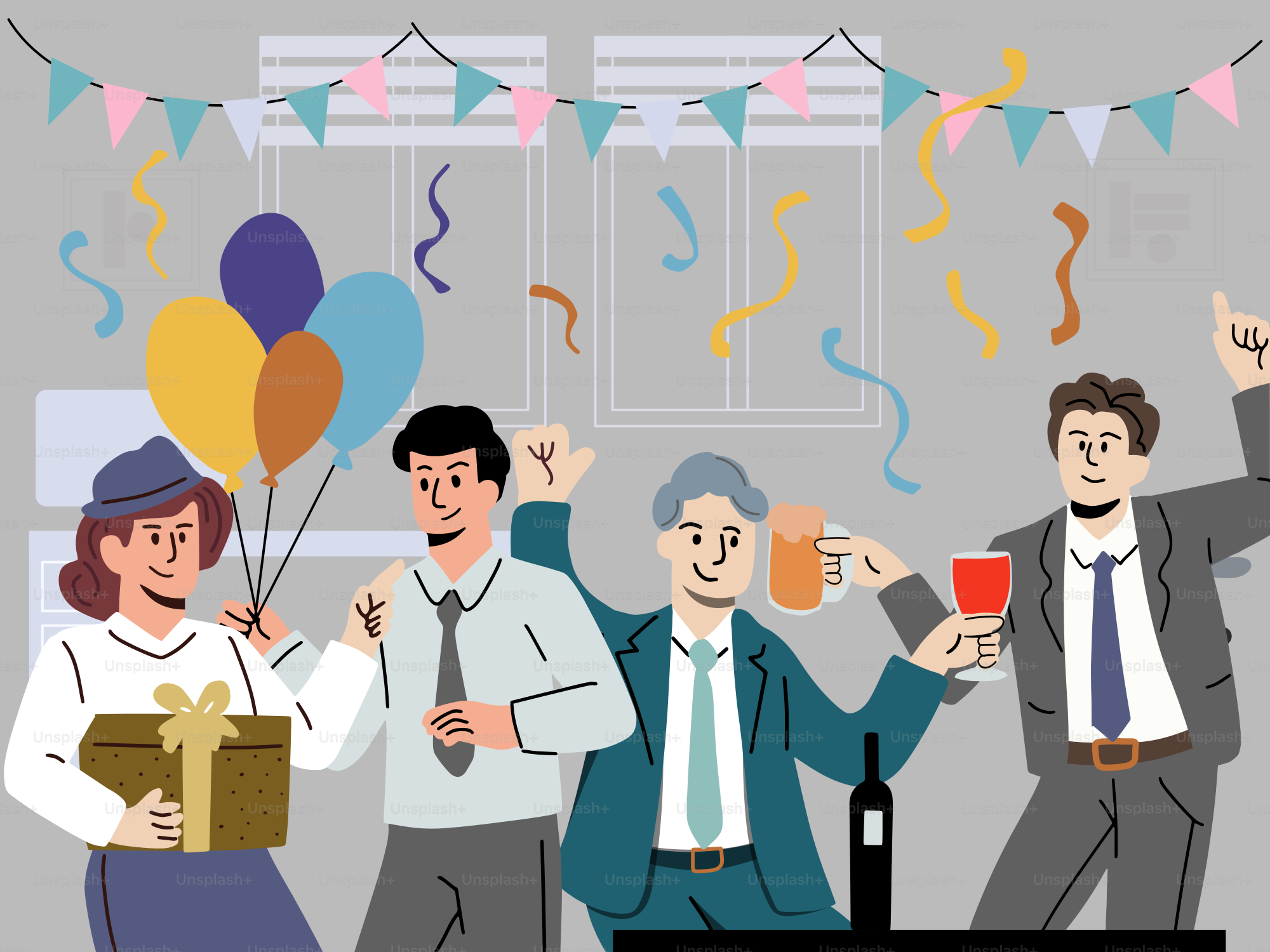 A group of people celebrating a party with balloons and confetti