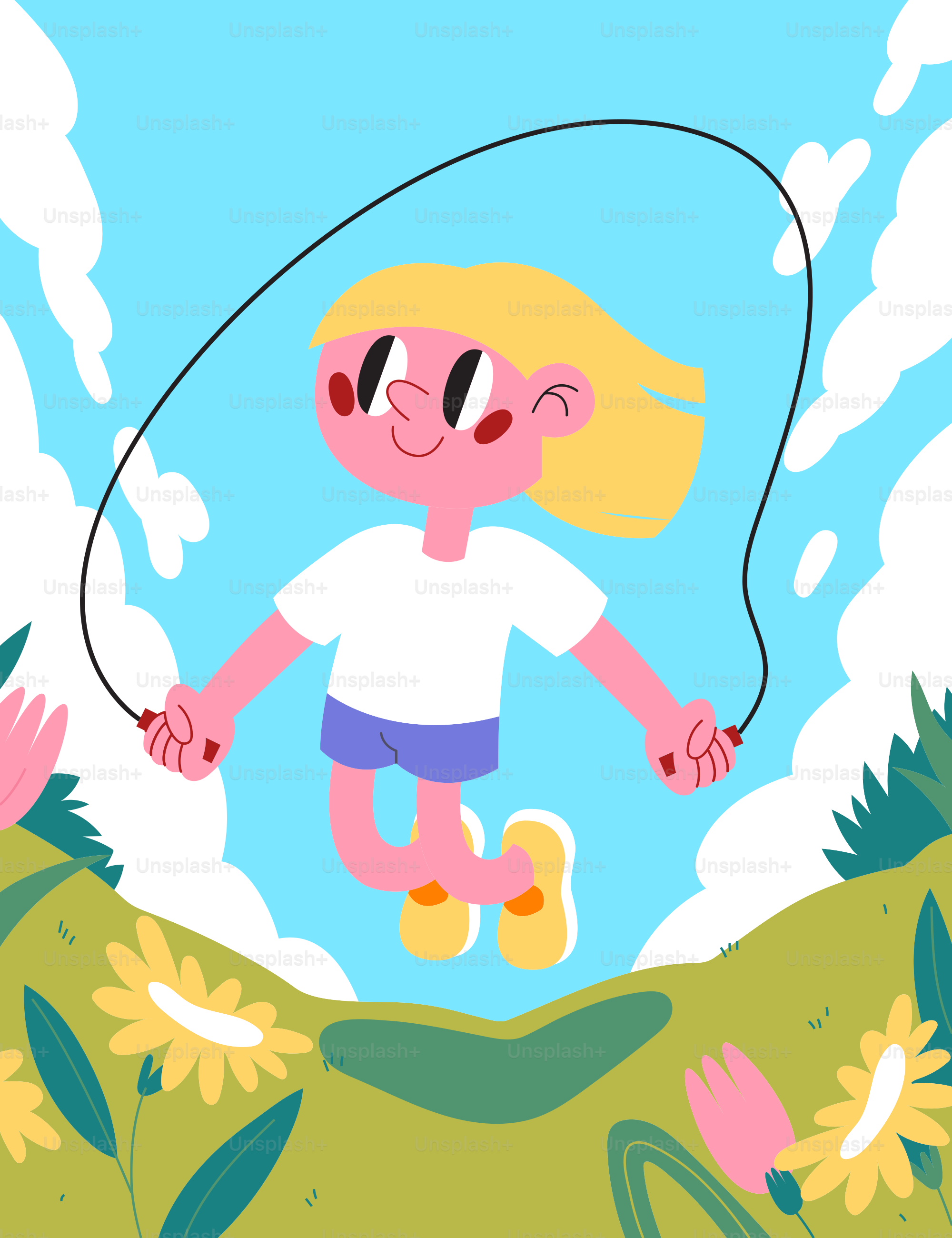 Ein Cartoon-Mädchen, das in der Luft springt und eine Angelrute hält