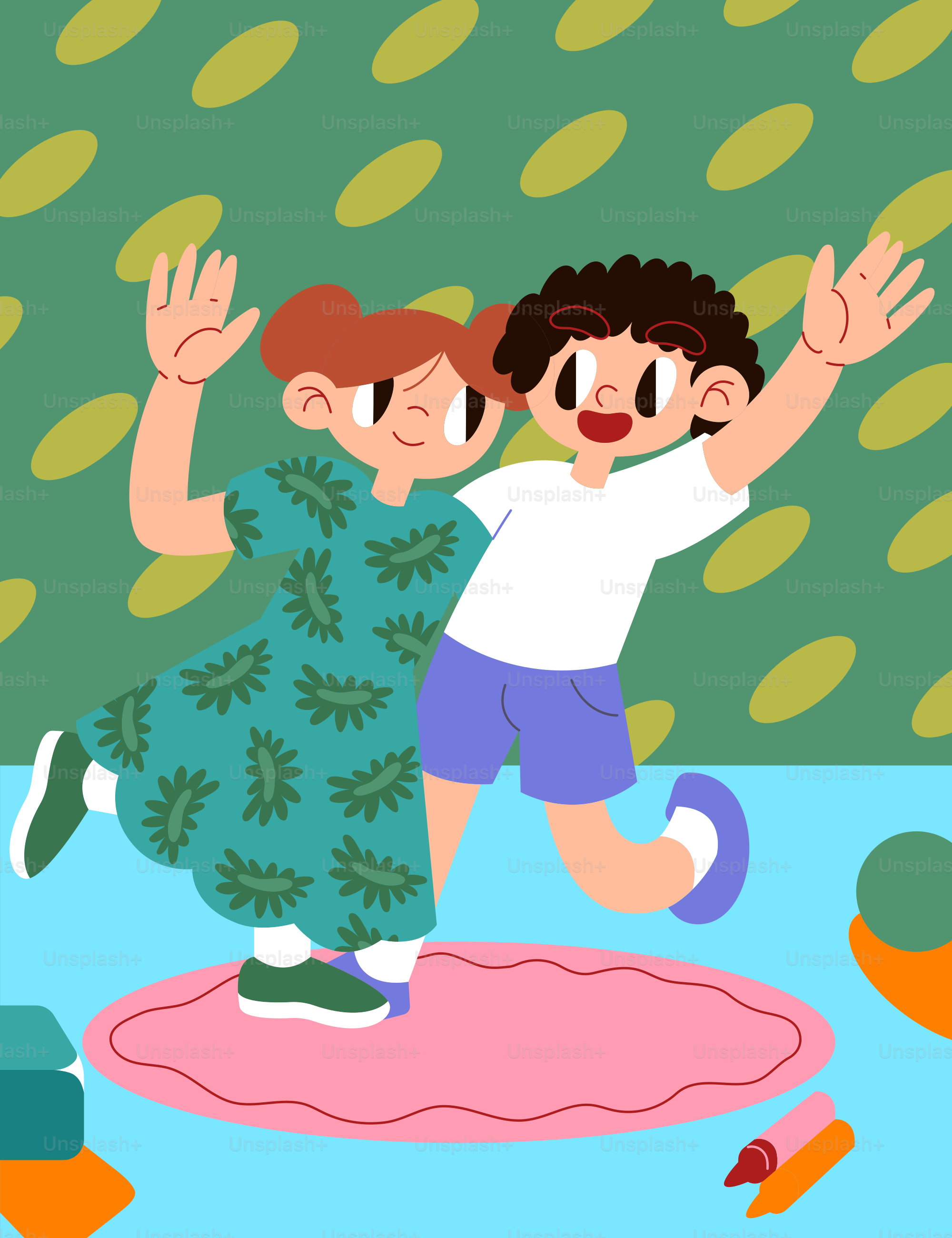 Un par de niños que están de pie sobre una alfombra