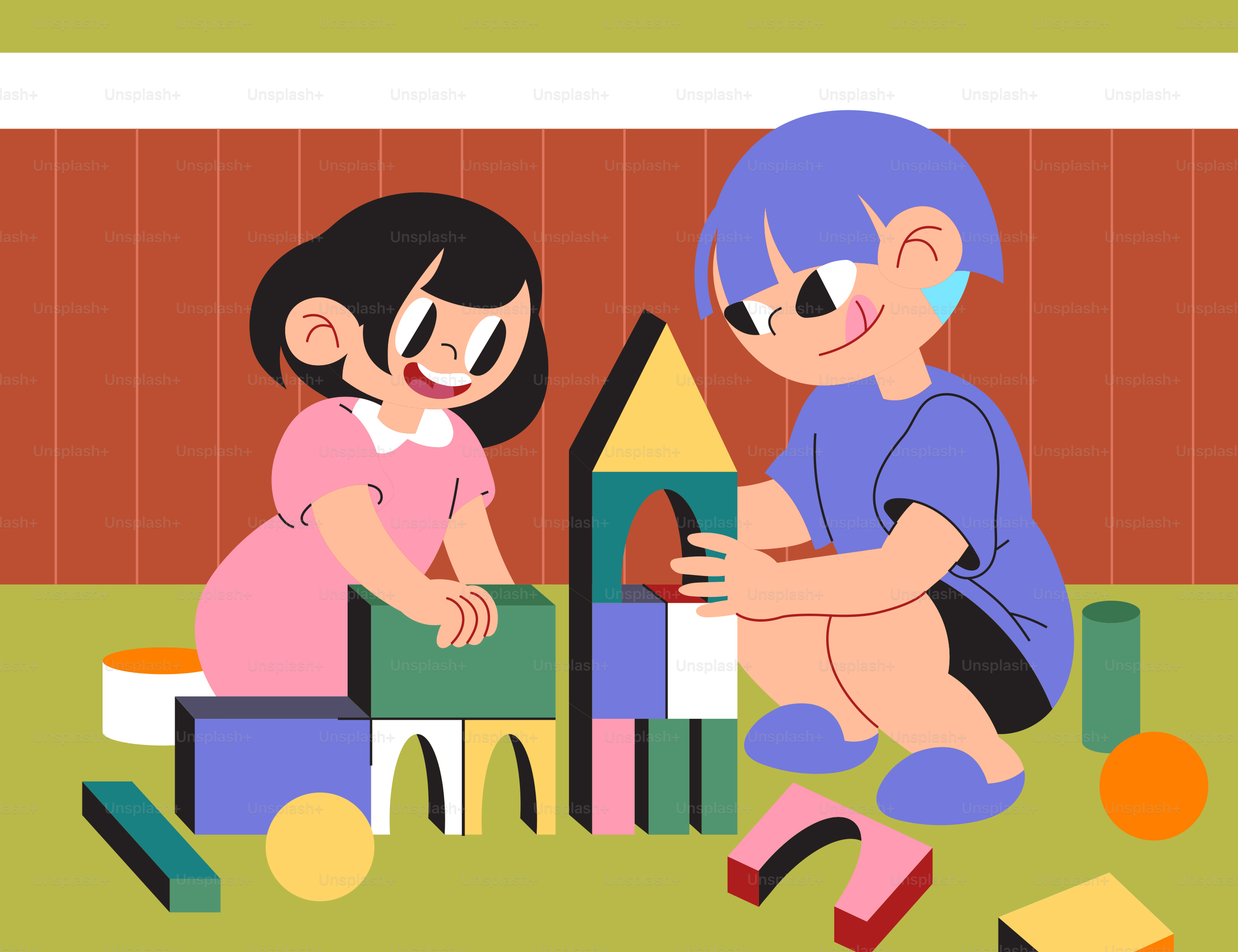 A couple of kids playing with blocks in a room