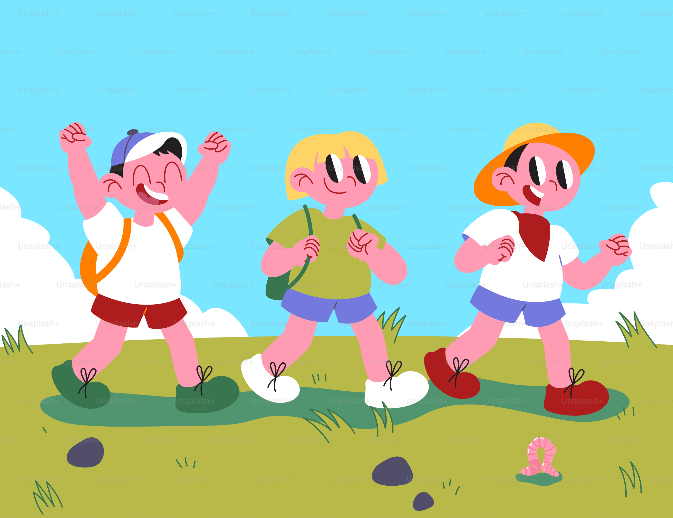 A group of children walking across a lush green field