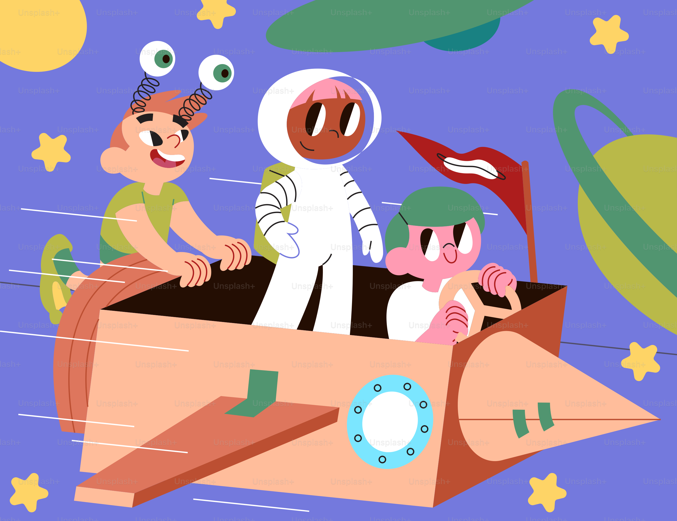 A group of people riding on top of a paper boat