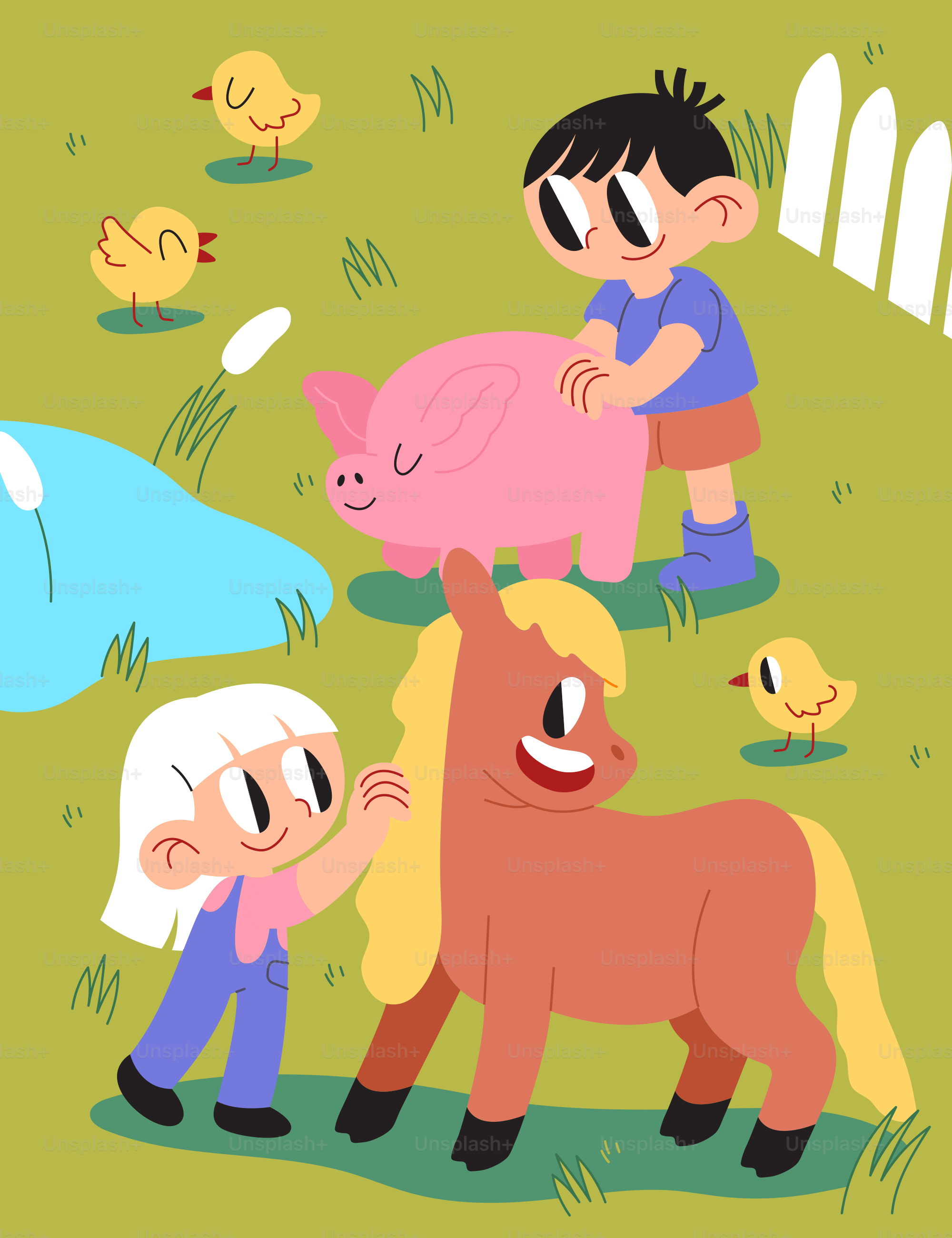 A group of children playing with a pig and a horse