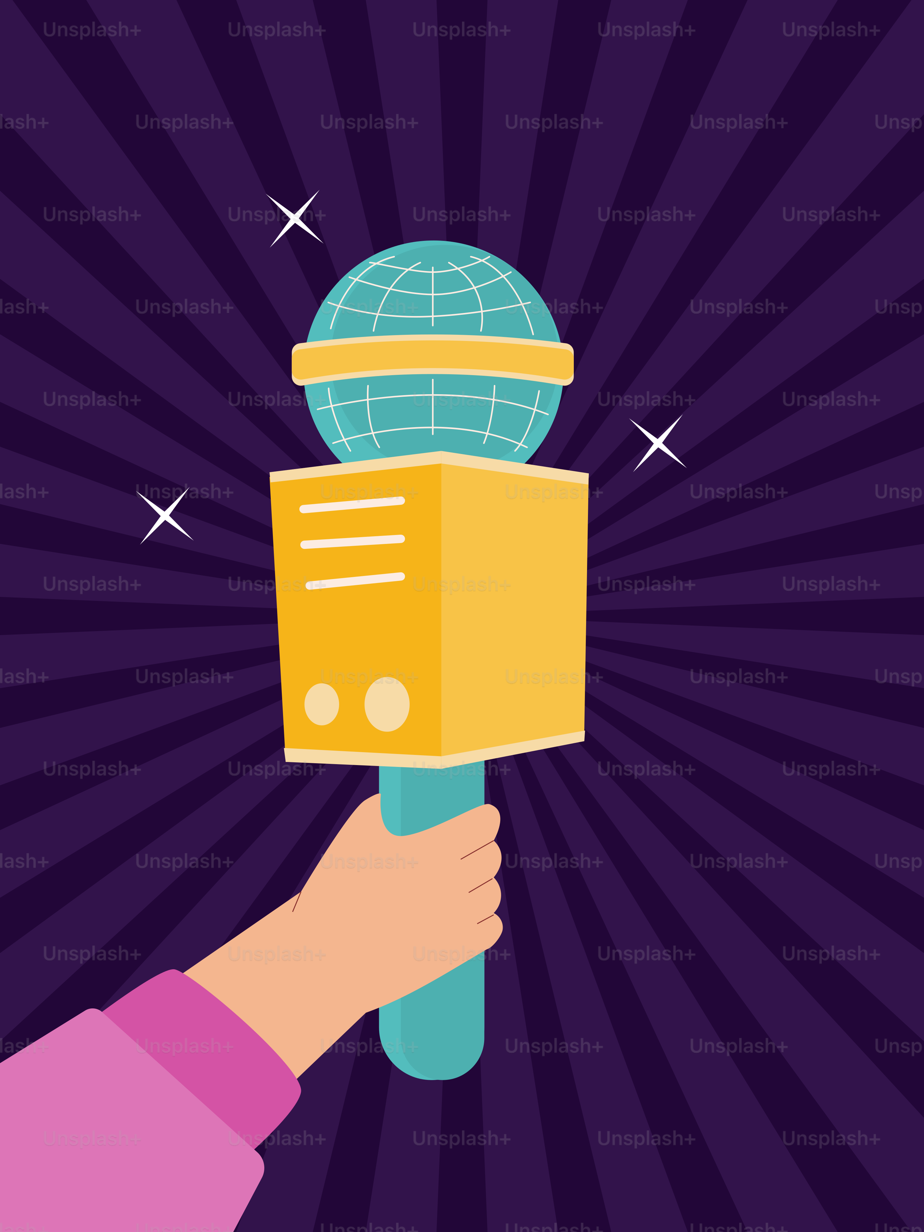 A hand holding a microphone with a globe on top of it