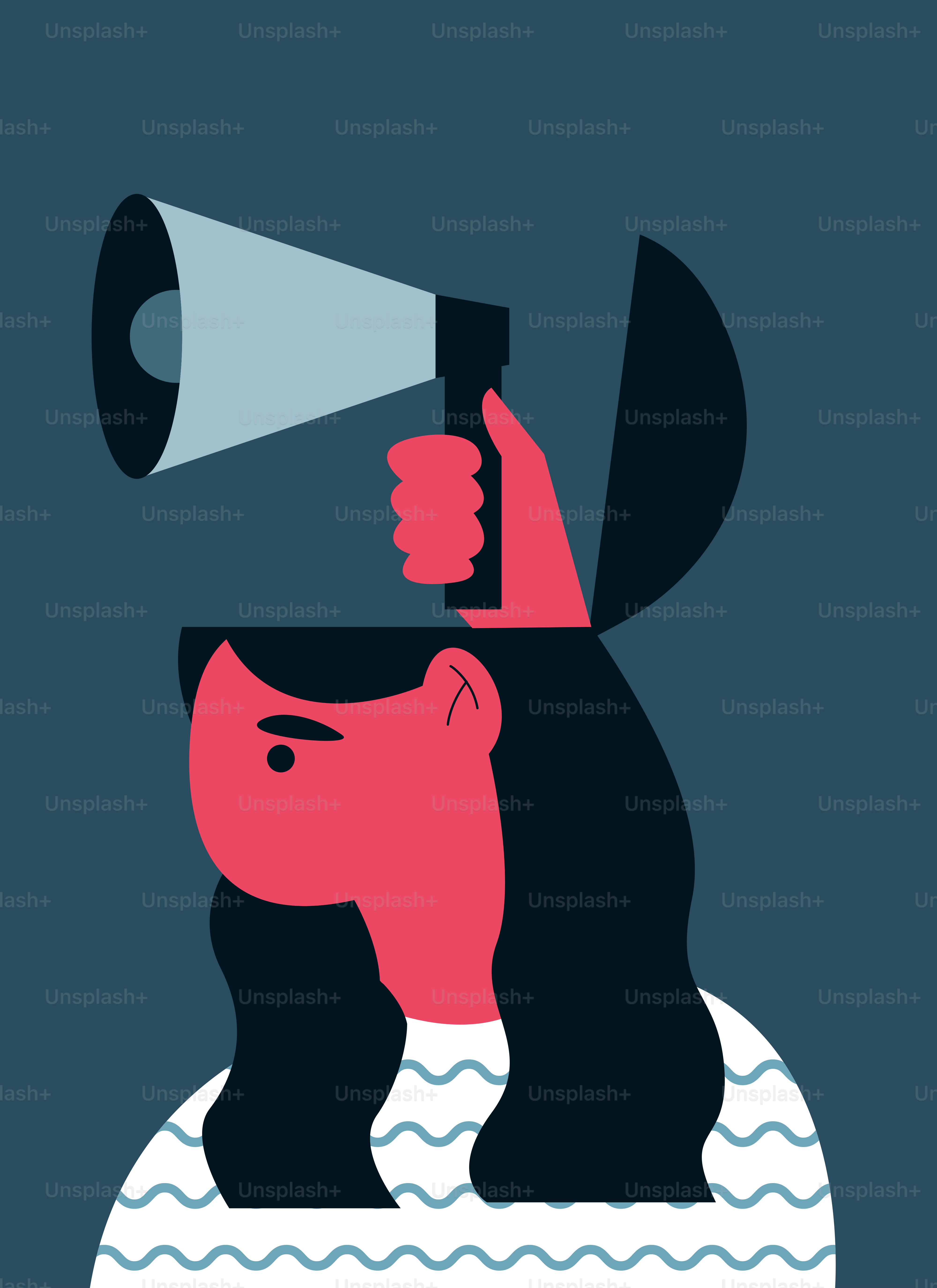 頭にメガホンをつけた女性