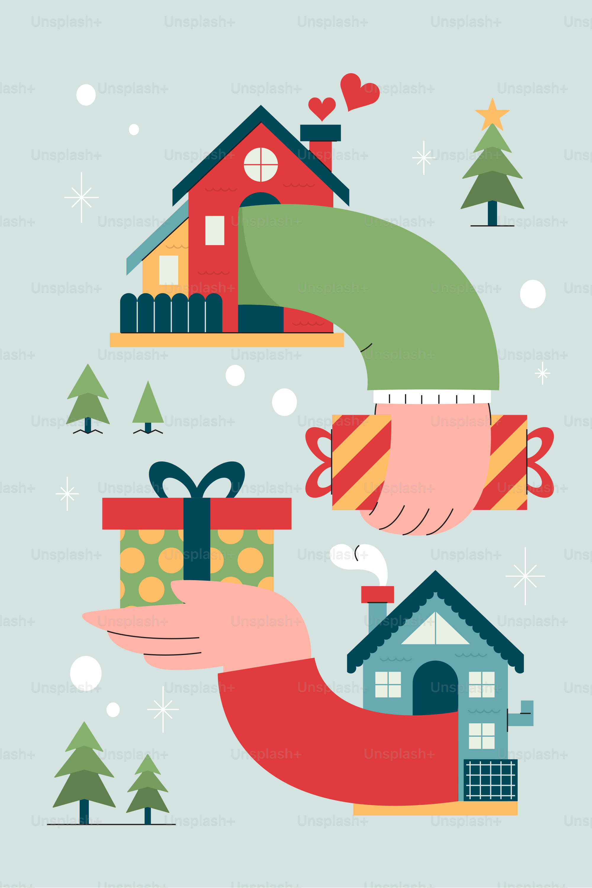 A hand holding a present in front of a house