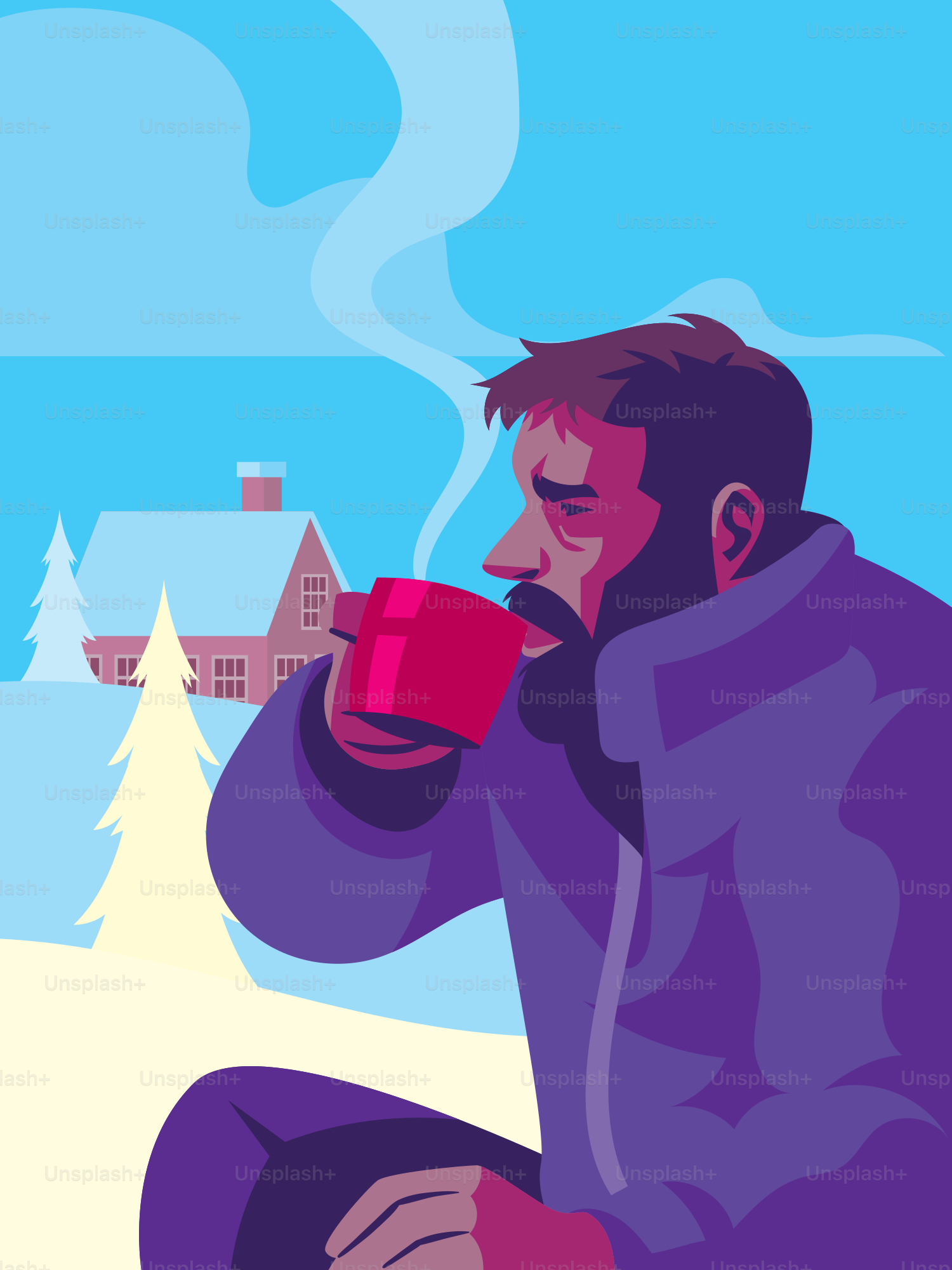 A man sitting in the snow drinking a cup of coffee
