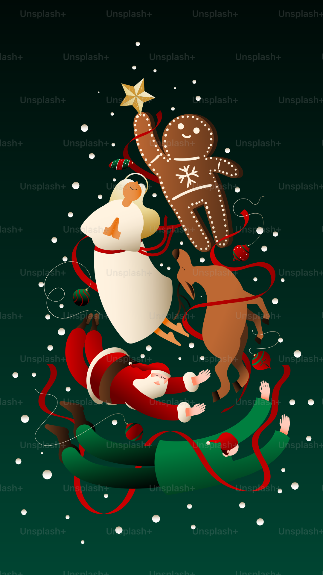 A christmas tree with santa claus and a reindeer