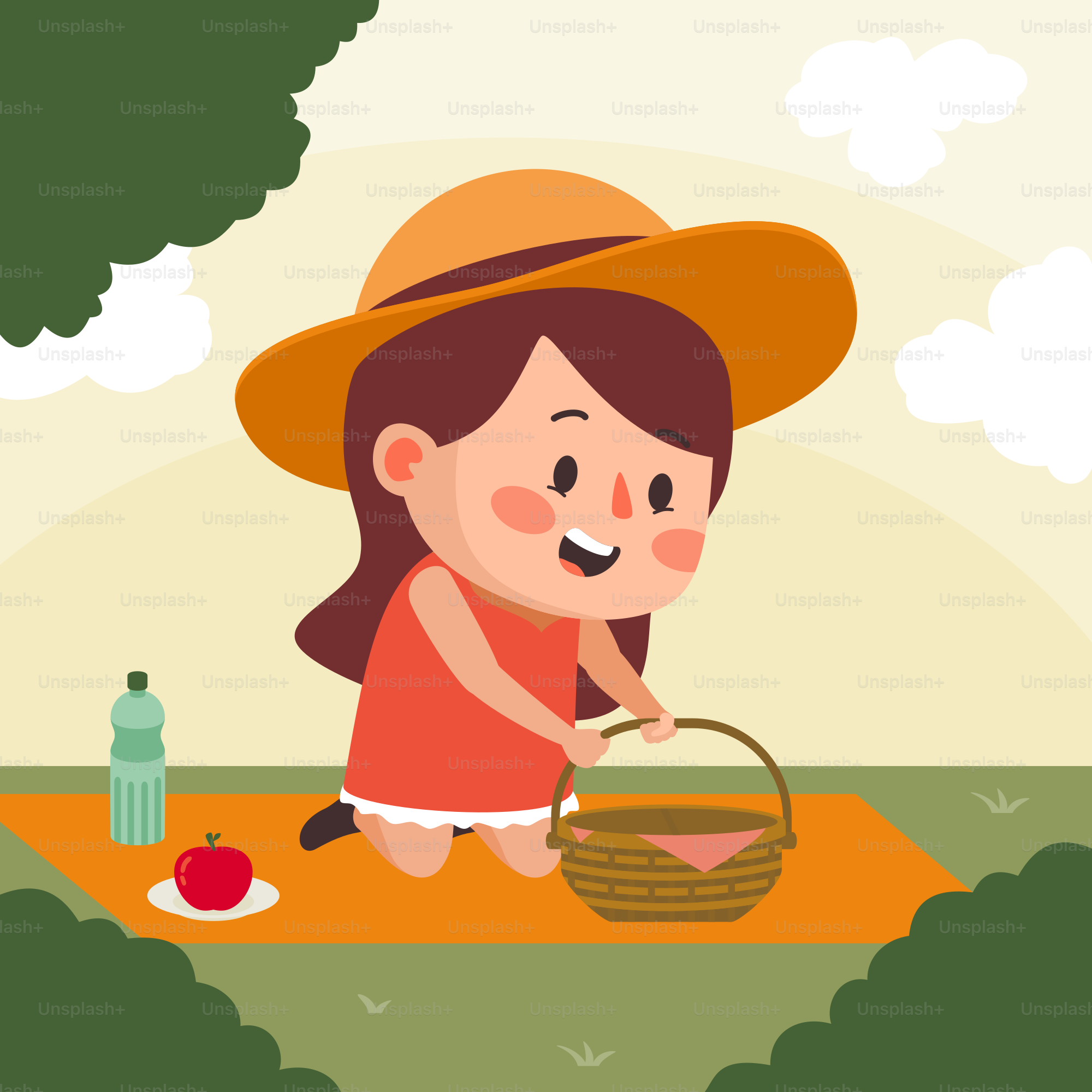 A girl in a hat is holding a basket