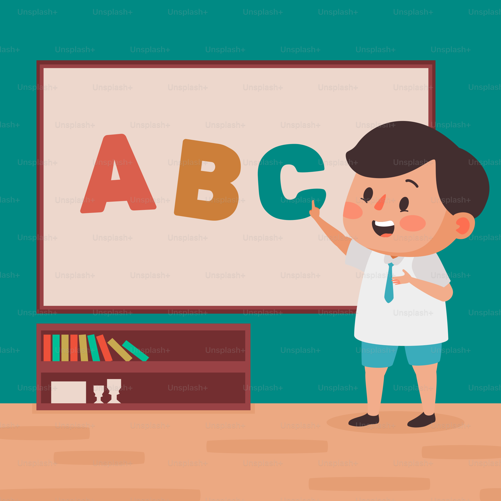 A boy standing in front of a whiteboard with letters on it