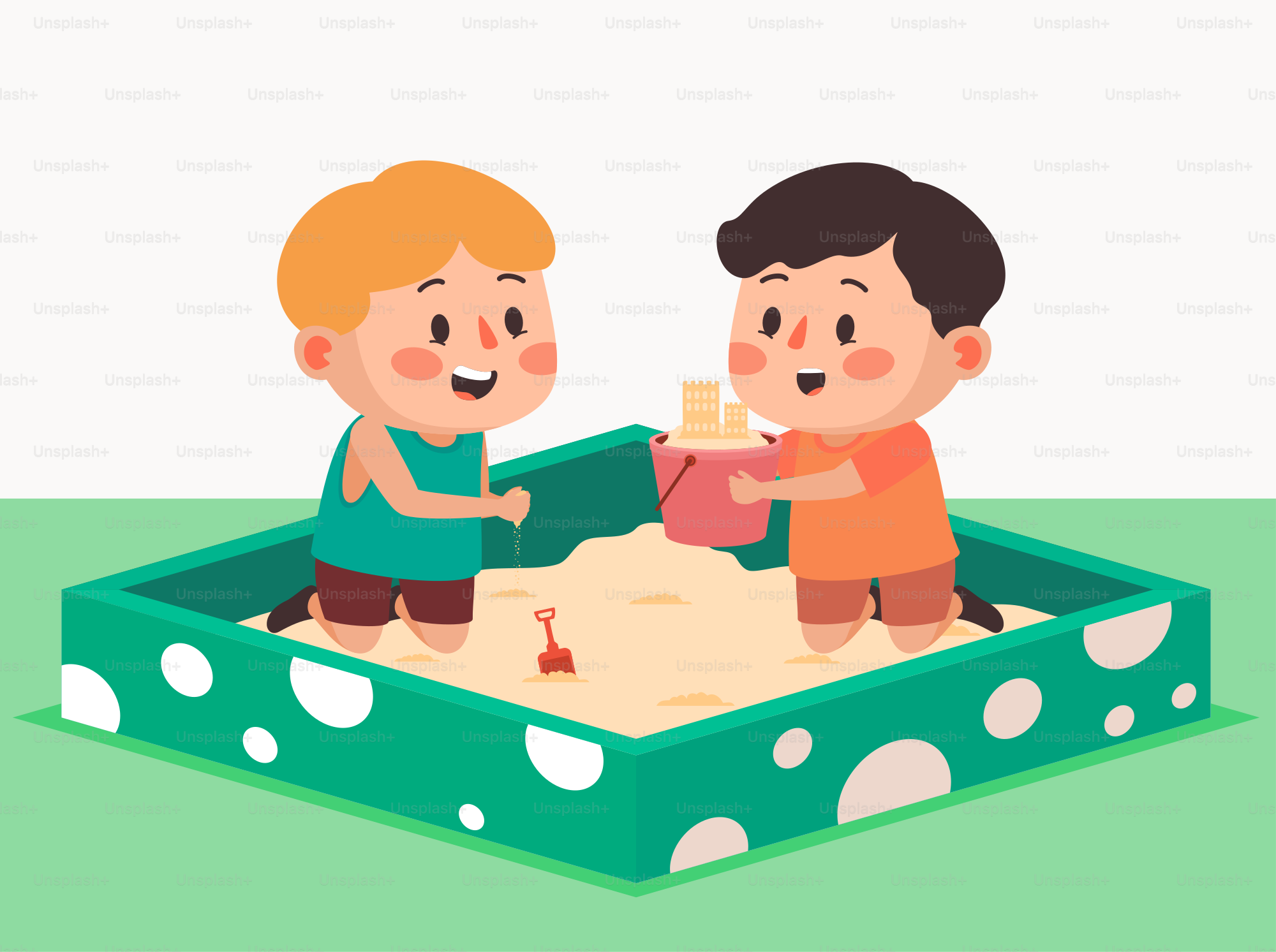 A boy and a girl playing in a sandbox