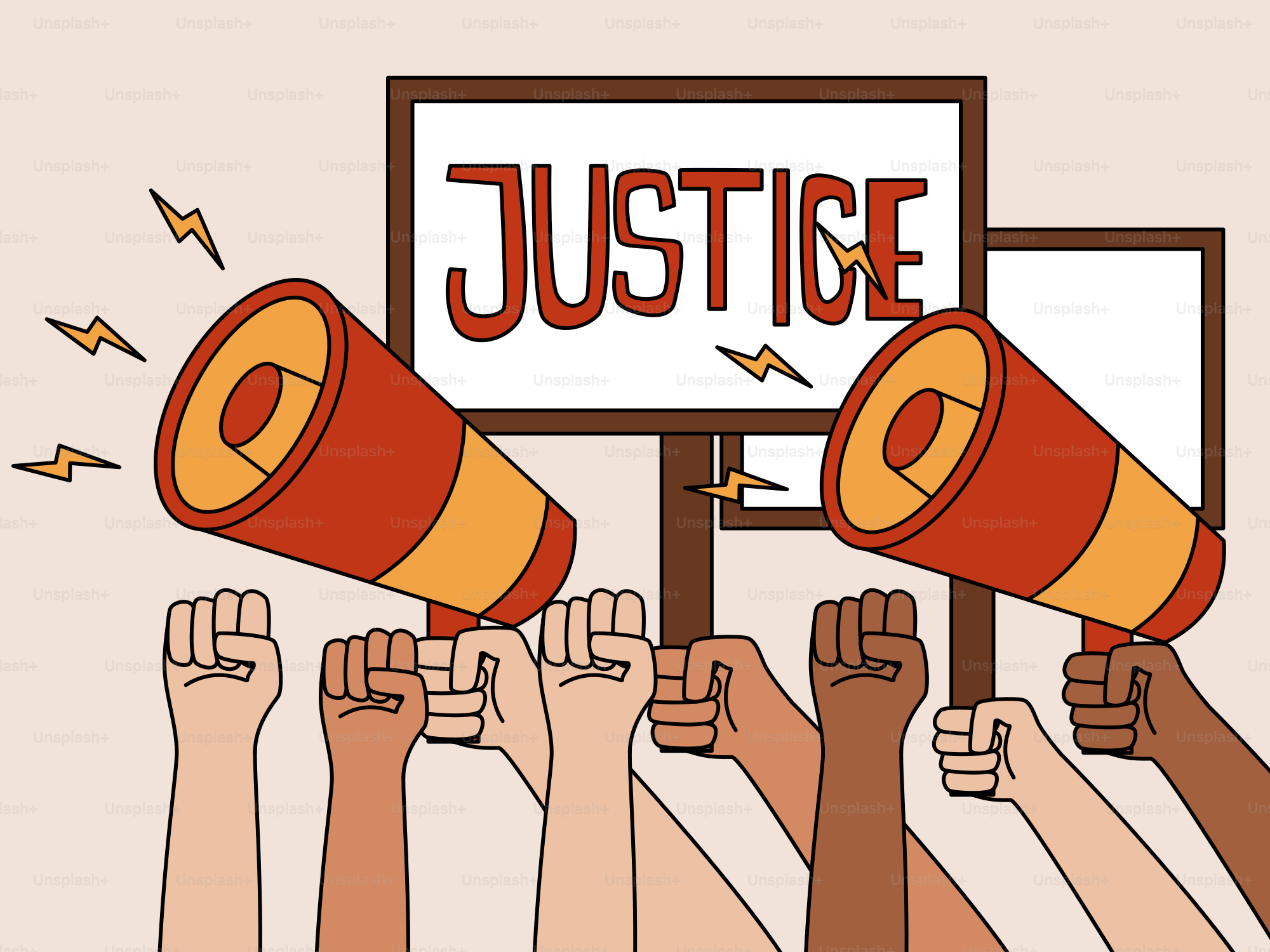 A group of people holding up megaphones with the words justice on them