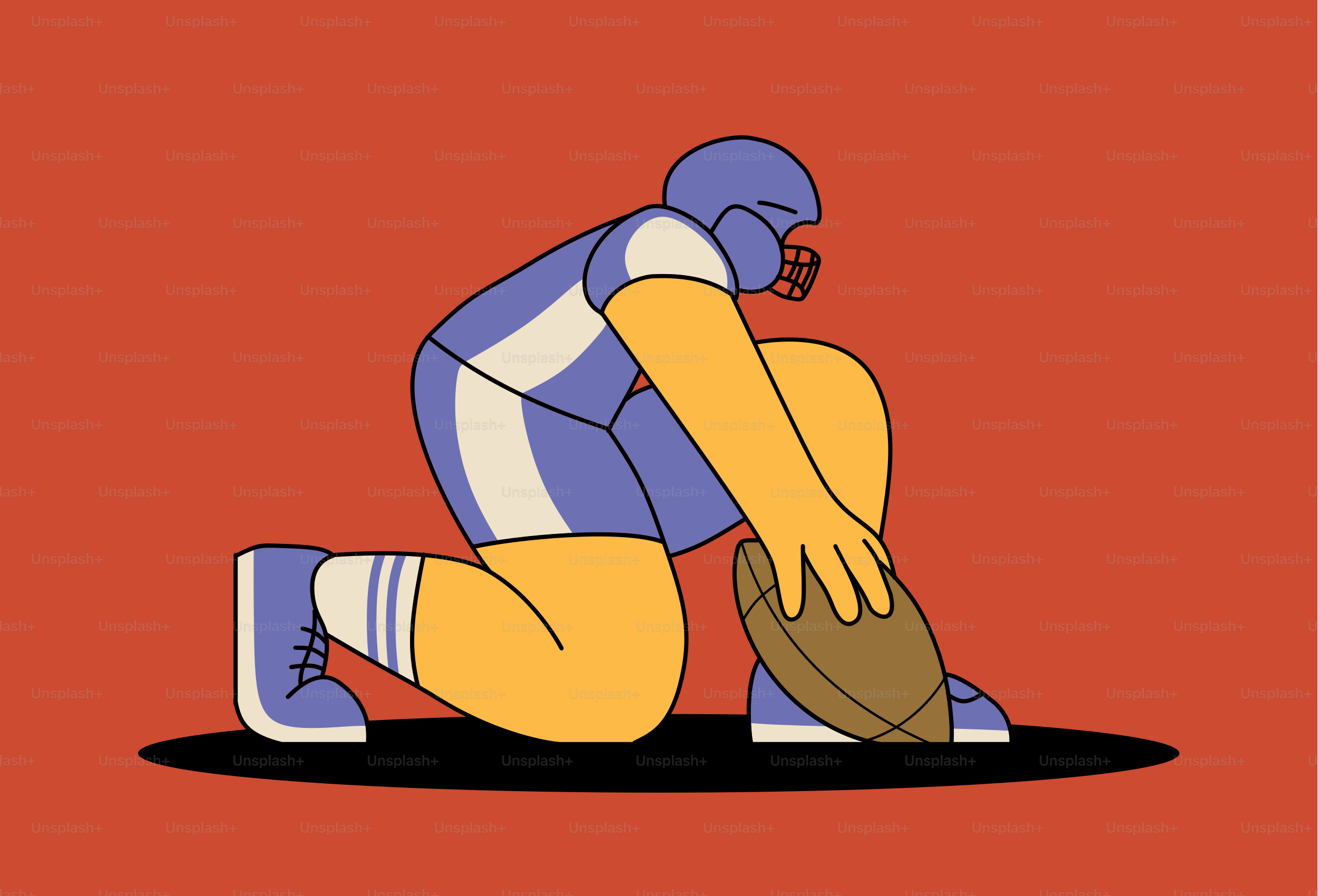 Un personaje de dibujos animados arrodillado con una pelota de fútbol en la mano