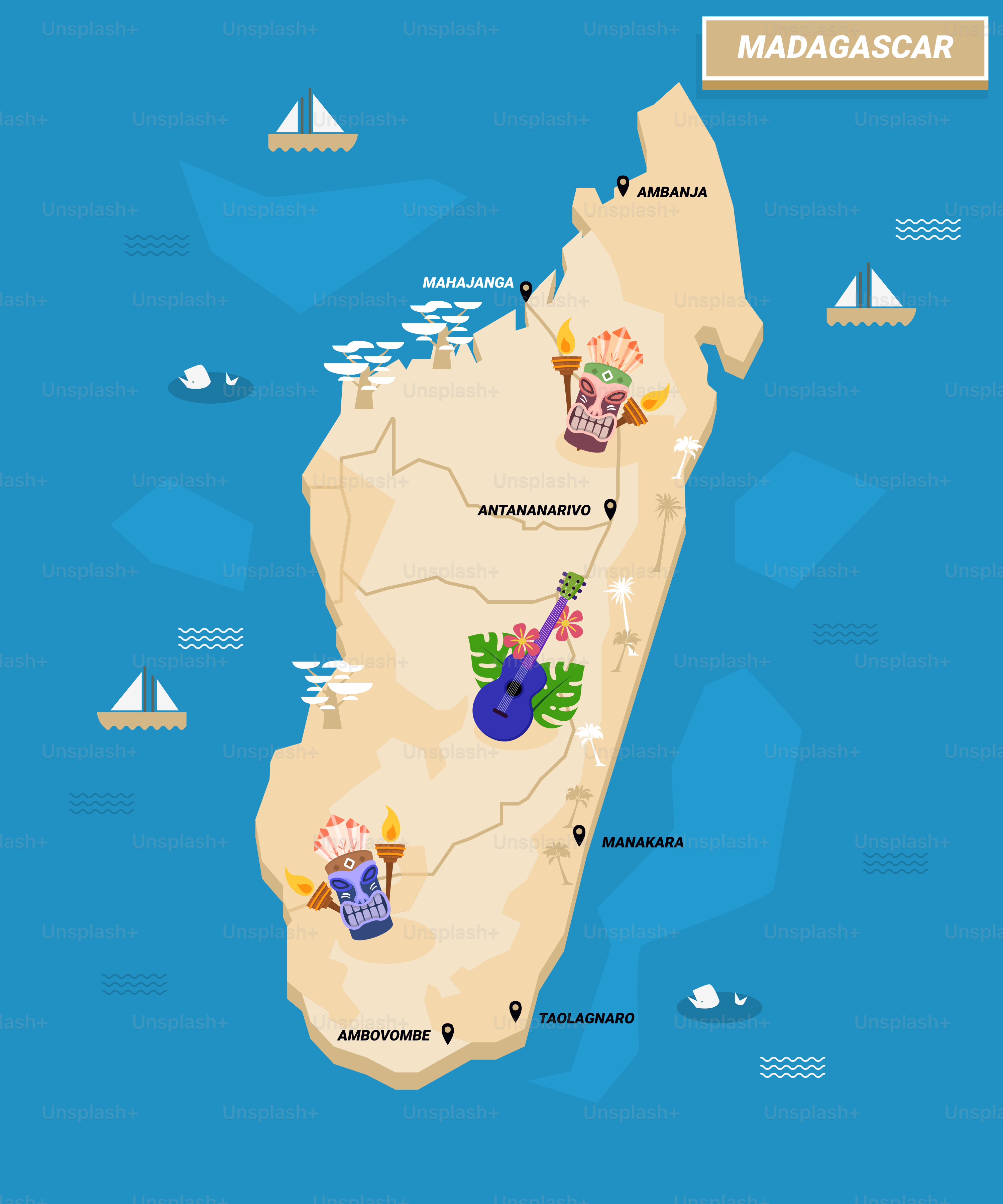 A map of madagascar with a lot of things on it