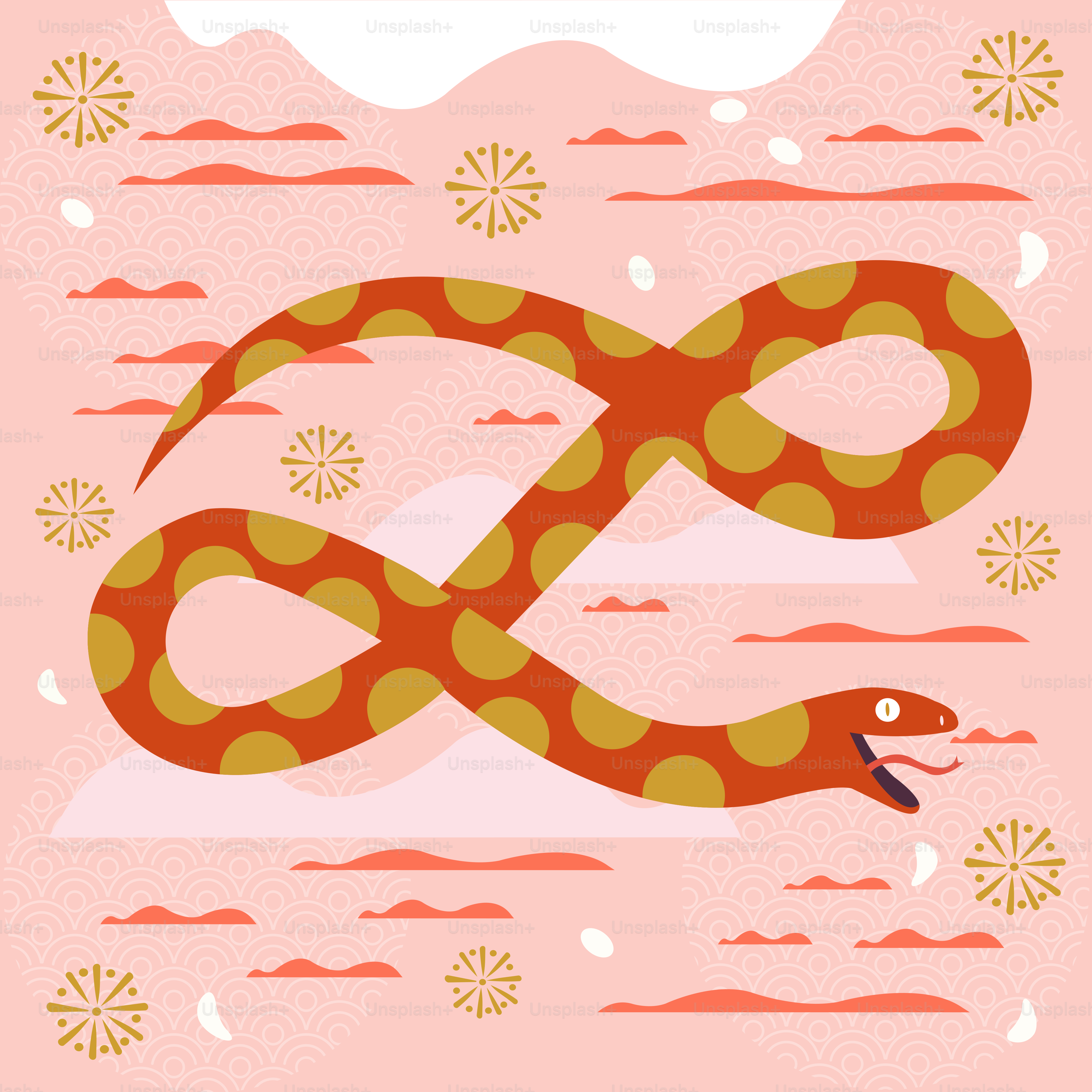 A red snake is in the middle of a pink background
