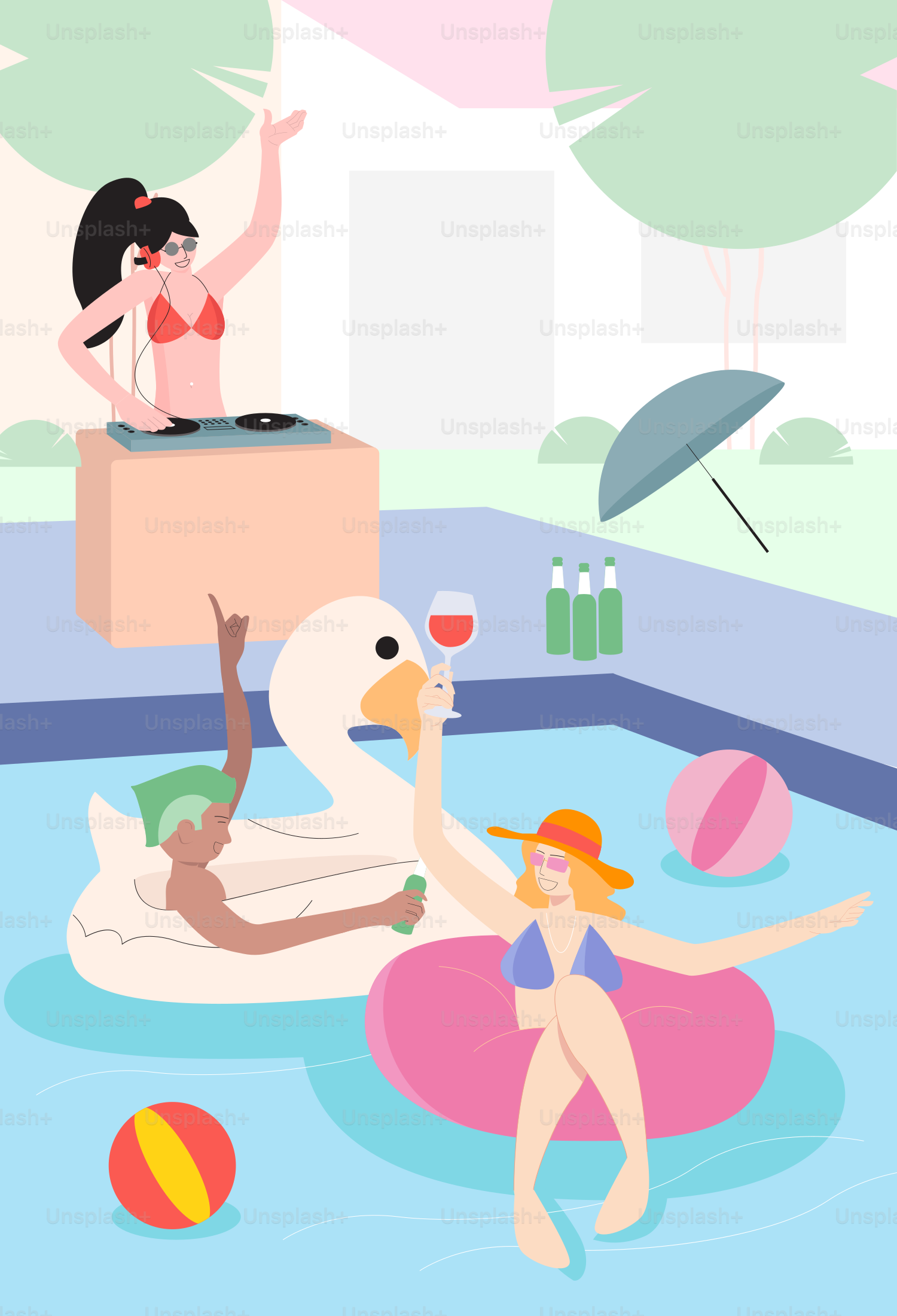 A couple of women in a pool with a swan