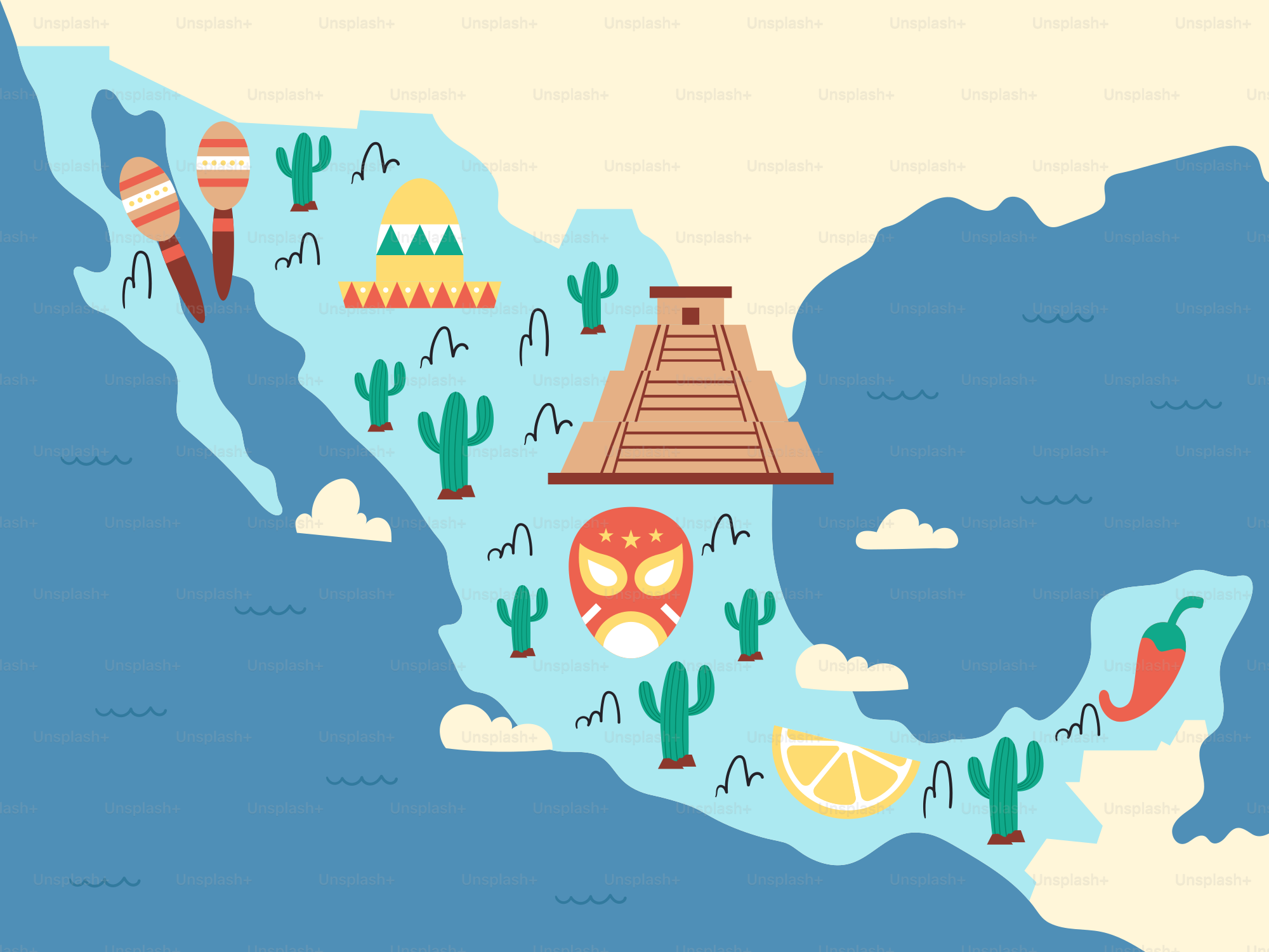 A map of mexico with a lot of things on it
