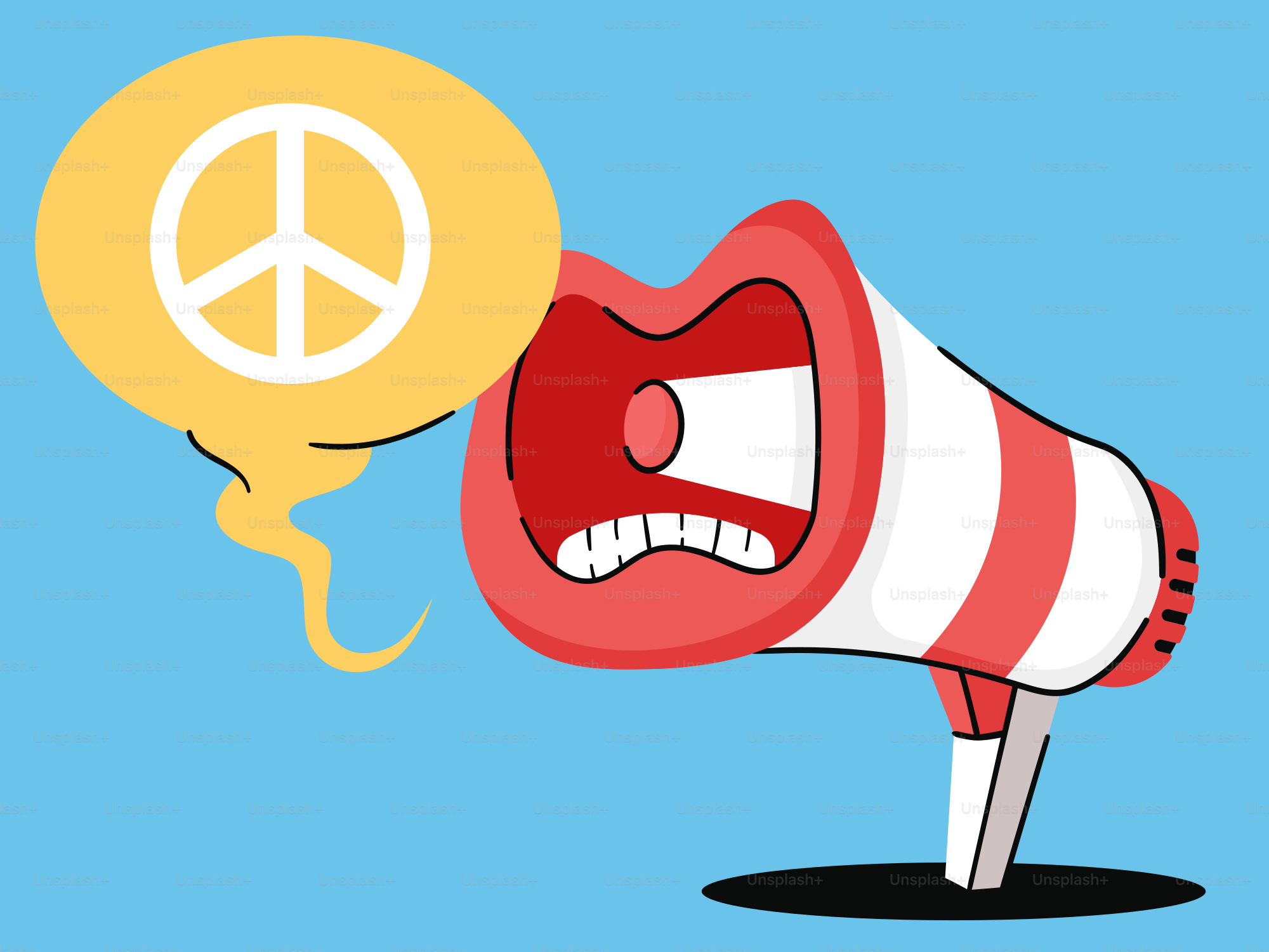 A red and white megaphone with a peace sign on it