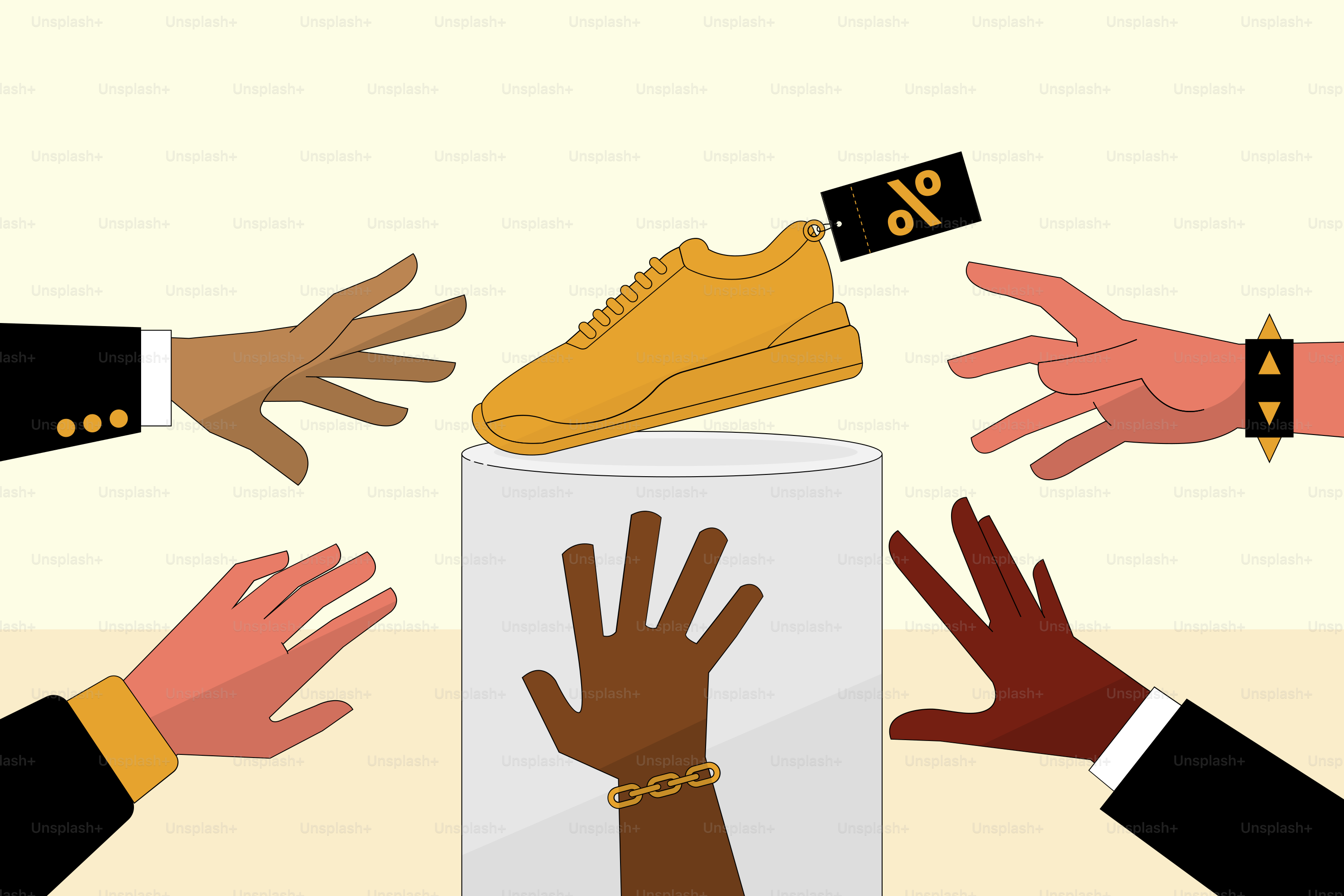 A group of people reaching for a shoe