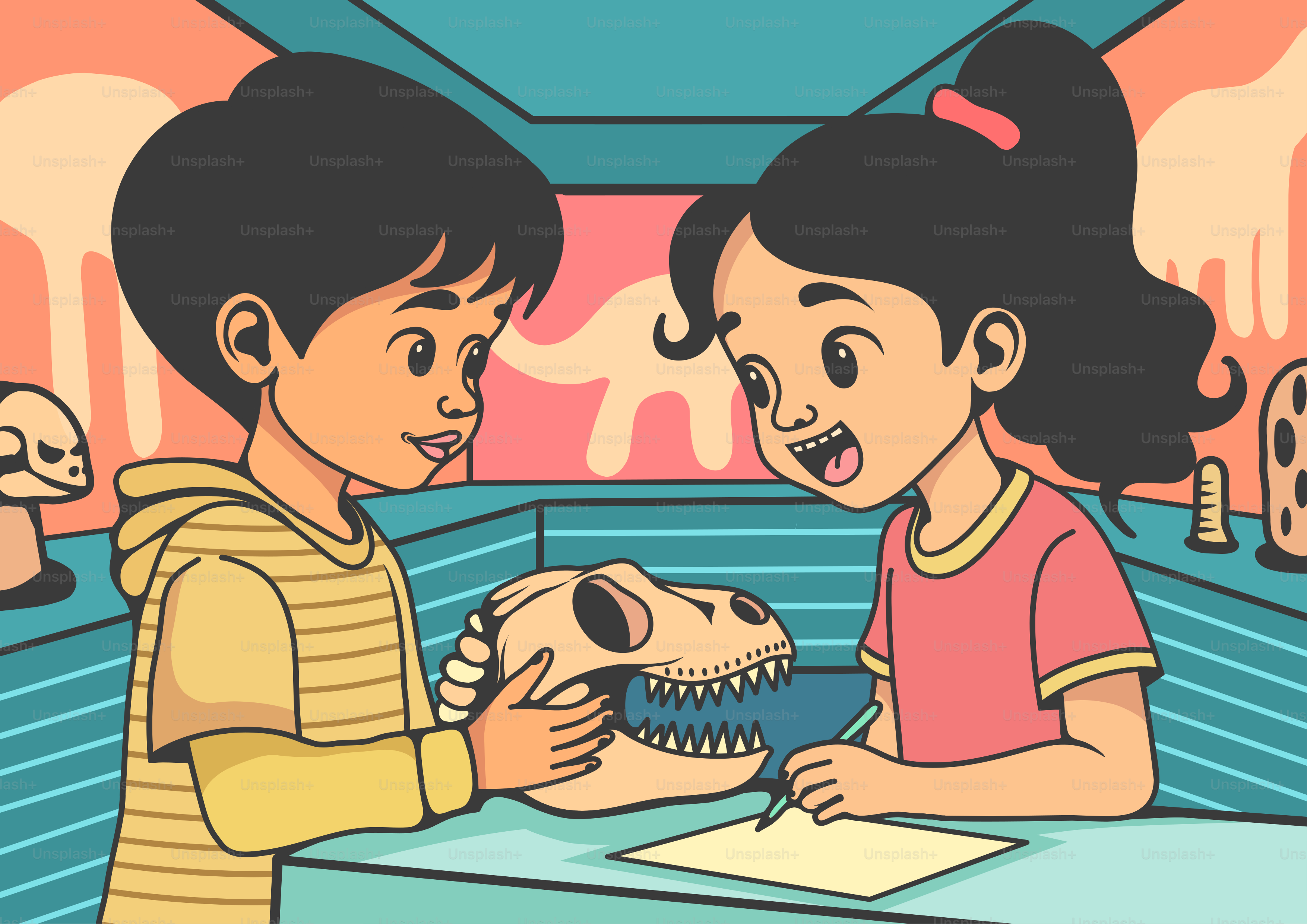 Un niño y una niña mirando un cepillo de dientes