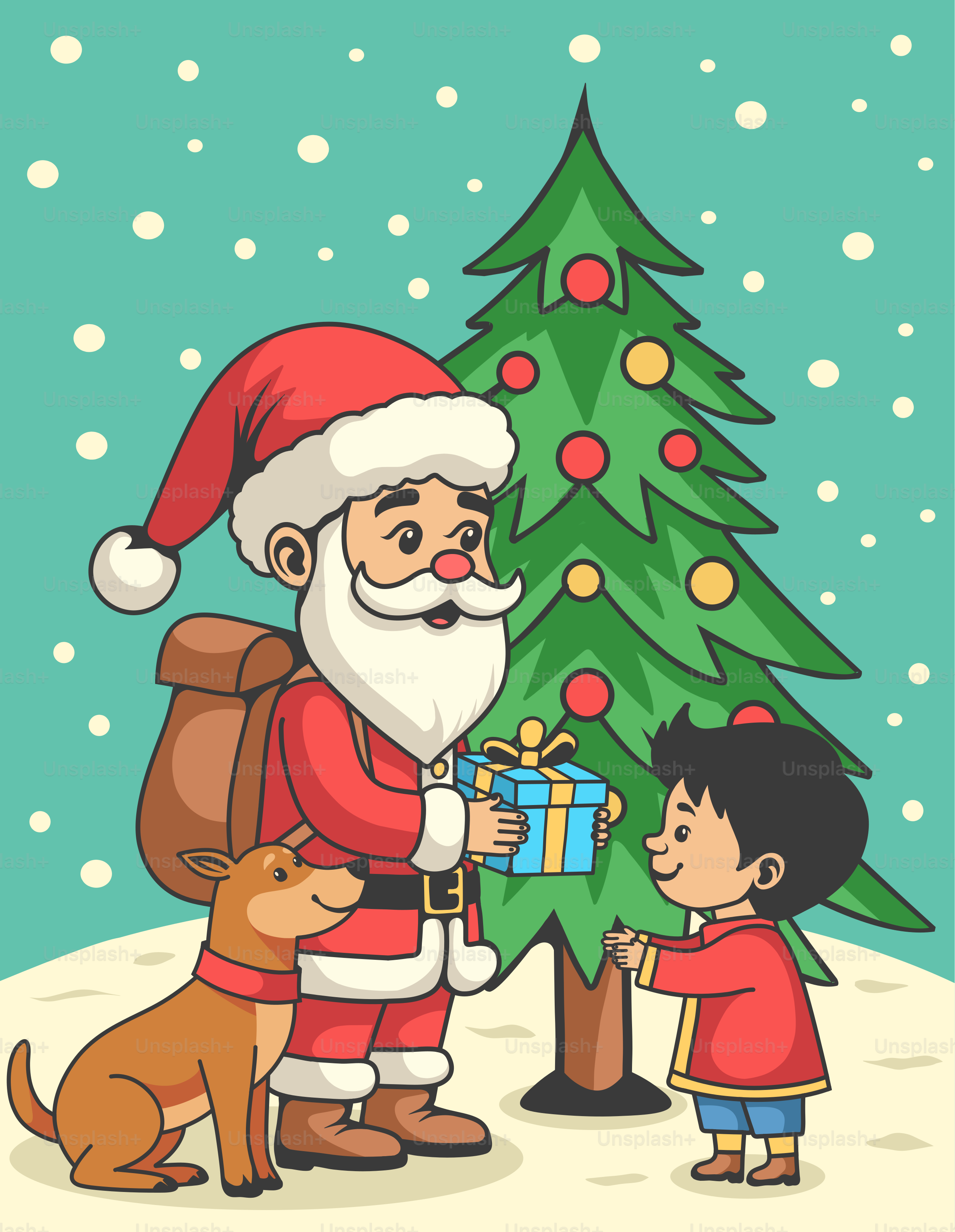 A little boy standing next to a santa clause near a christmas tree