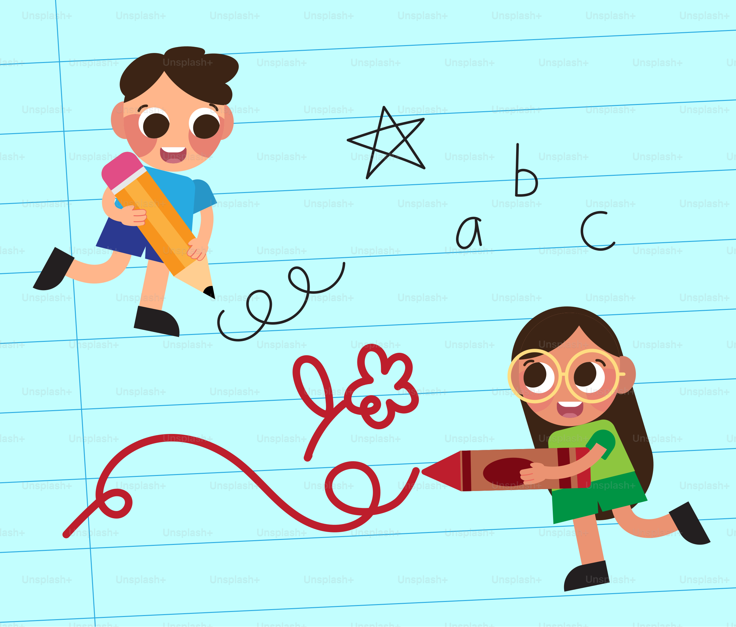 A drawing of a girl holding a pencil and a boy holding a crayon