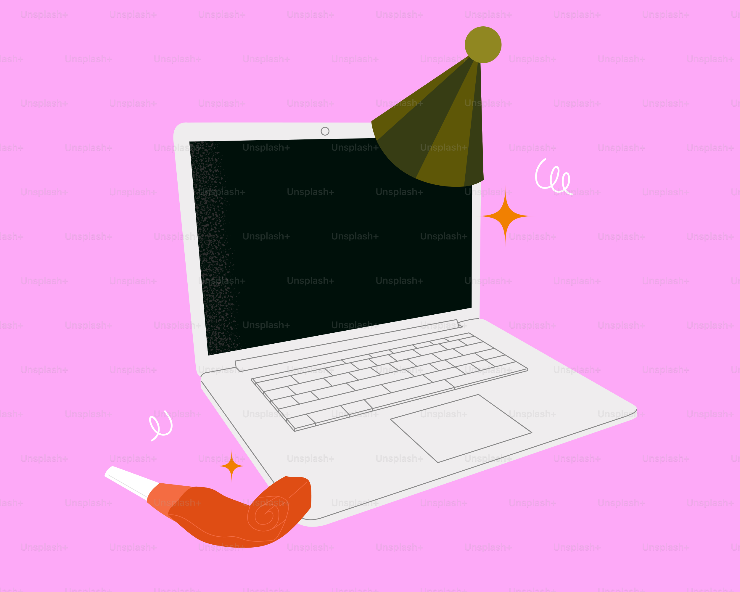 A laptop with a party hat on top of it