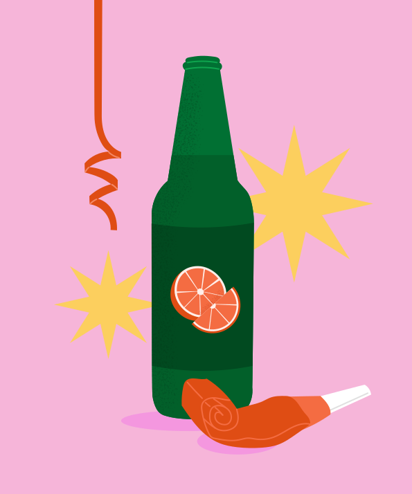 Eine Flasche Bier und ein Hot Dog auf rosa Hintergrund