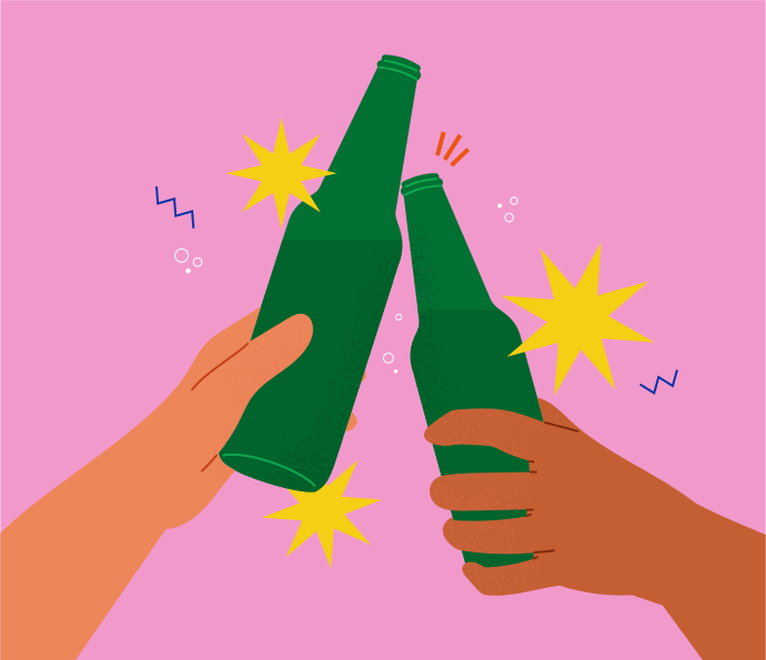 Two hands are holding two green beer bottles
