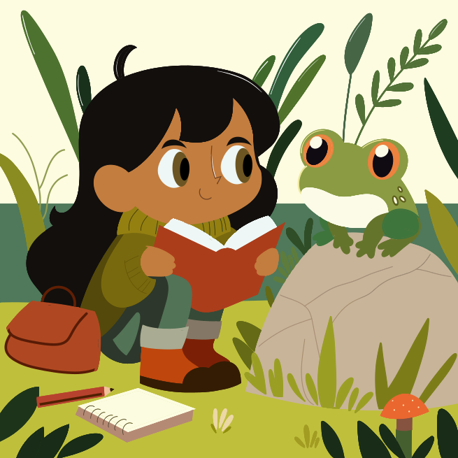 A little girl reading a book next to a frog
