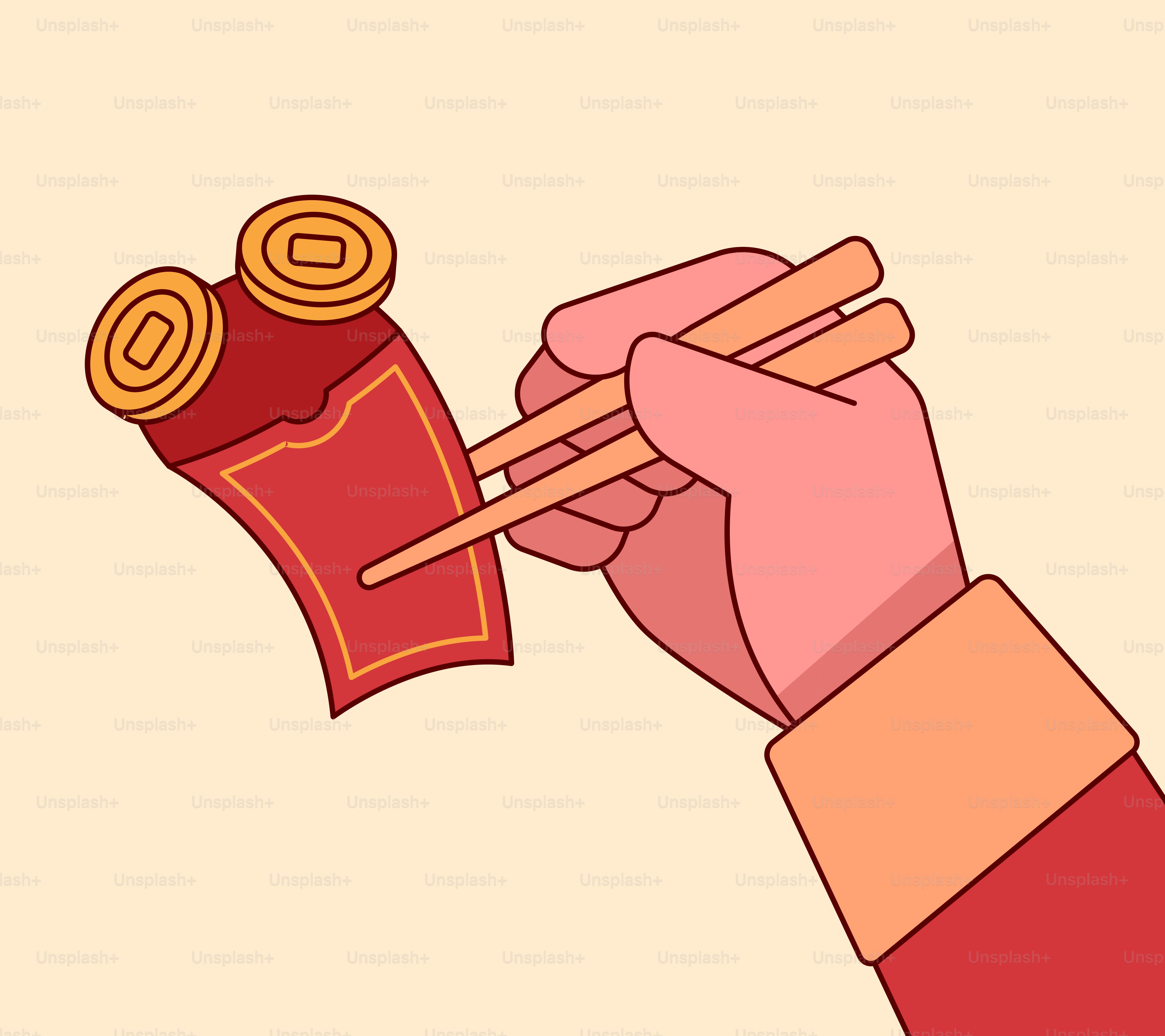 a hand holding chopsticks over a bag of noodles