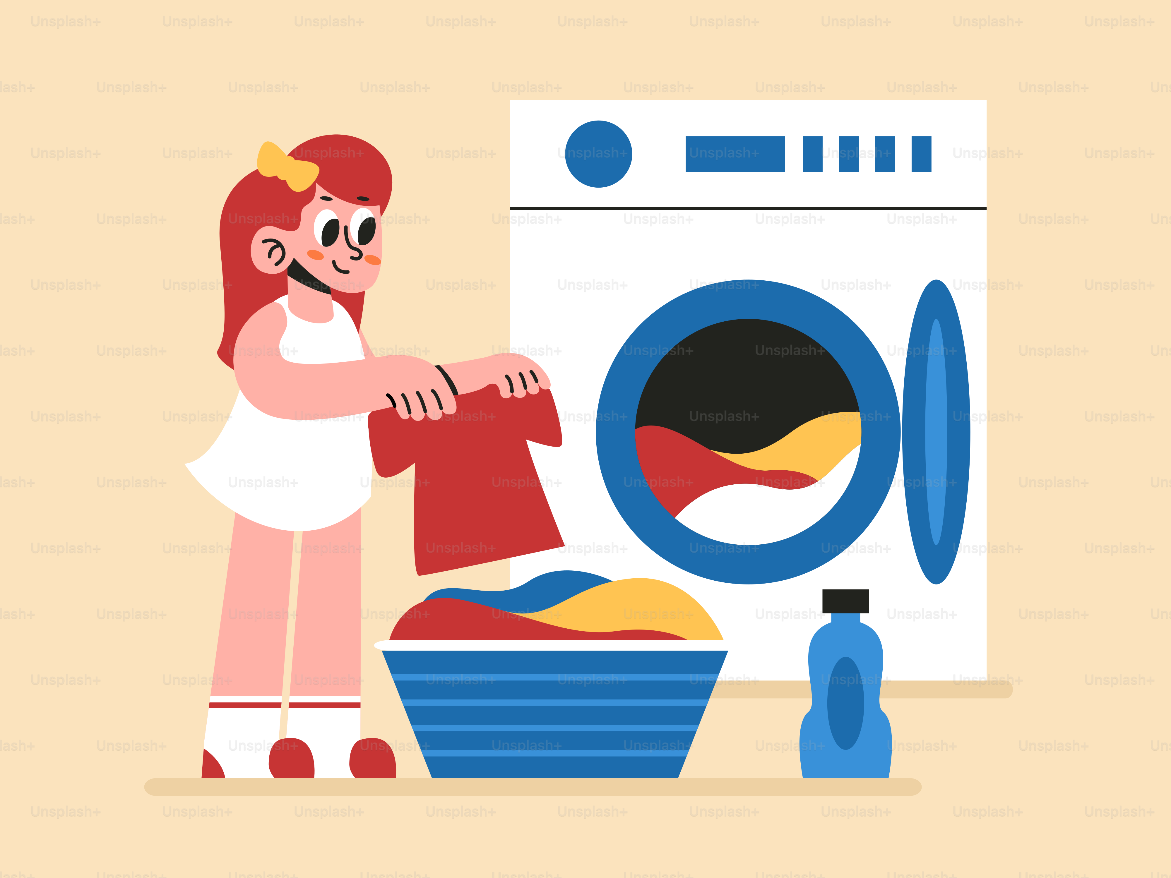 A woman ironing clothes in front of a washing machine