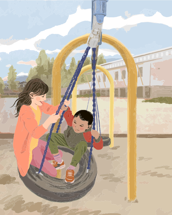 A woman sitting on a swing next to a little boy