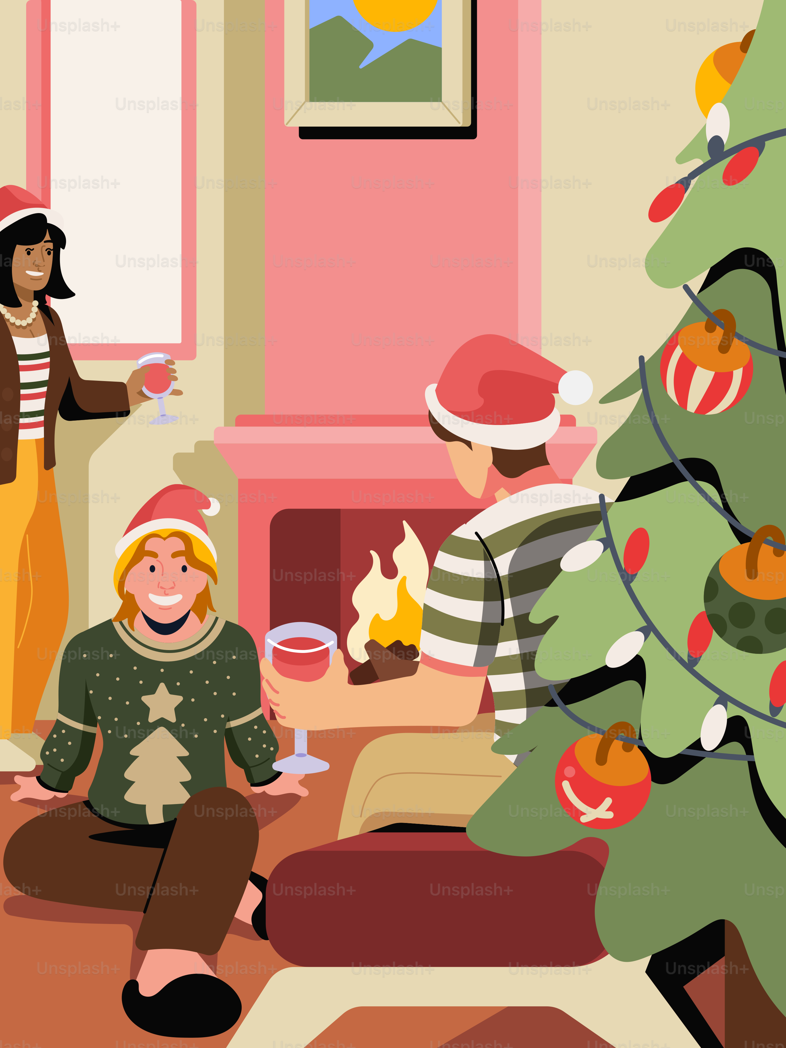 A group of people sitting around a christmas tree