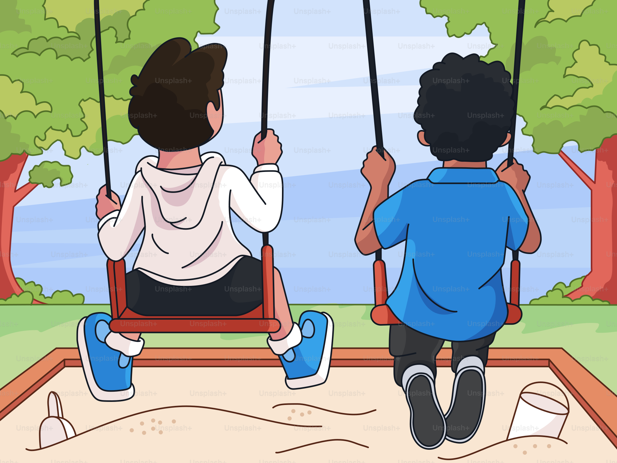 Ein paar Leute sitzen auf Schaukeln in einem Park