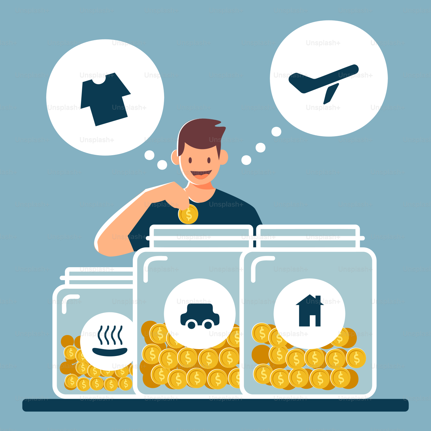 A man sitting in front of a jar filled with gold coins