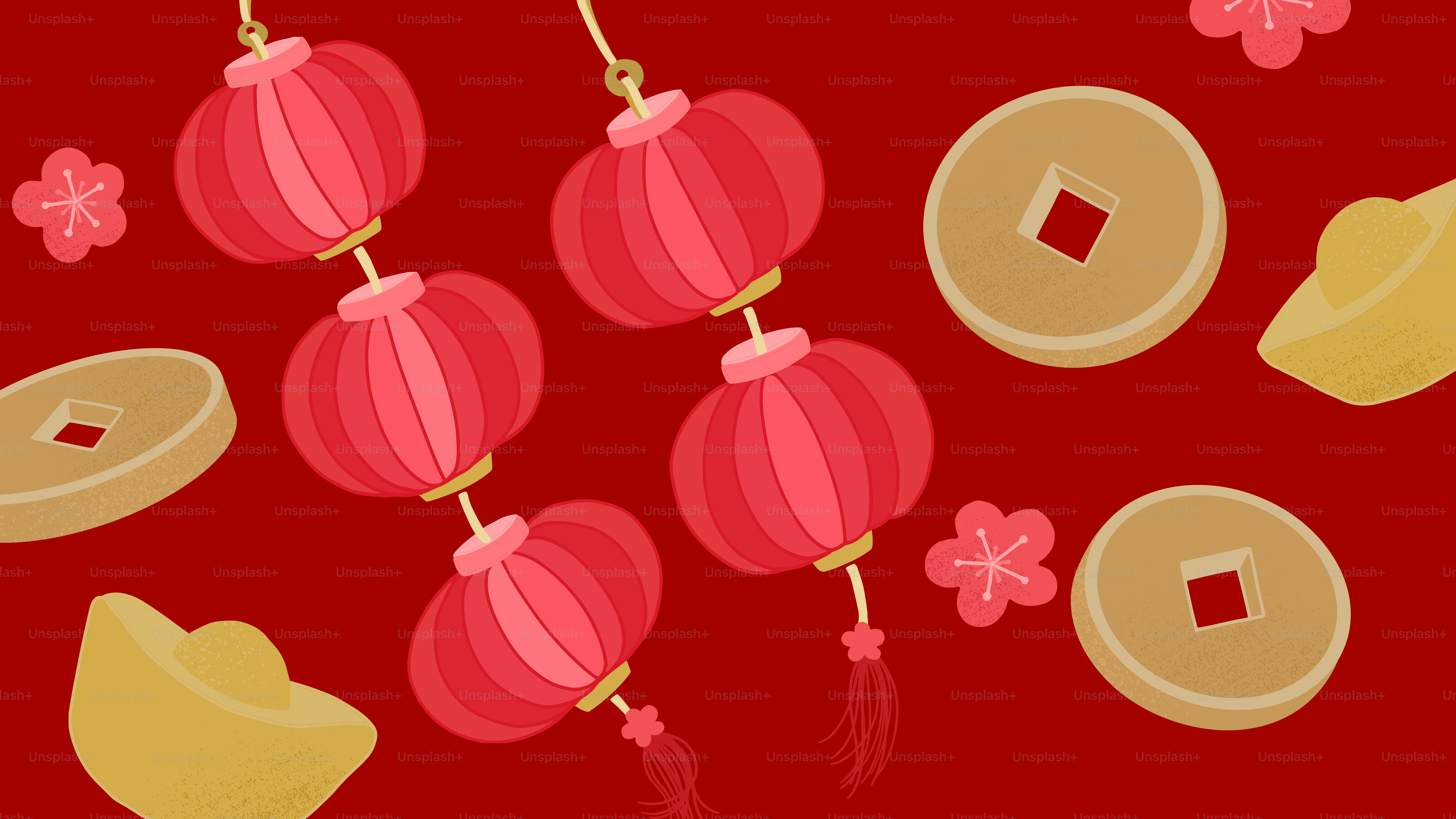 A red background with a bunch of chinese lanterns