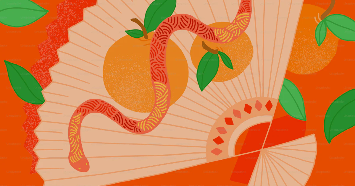 Snake With Fan Shape A fan with a snake on it surrounded by oranges vector – Year of snake ...