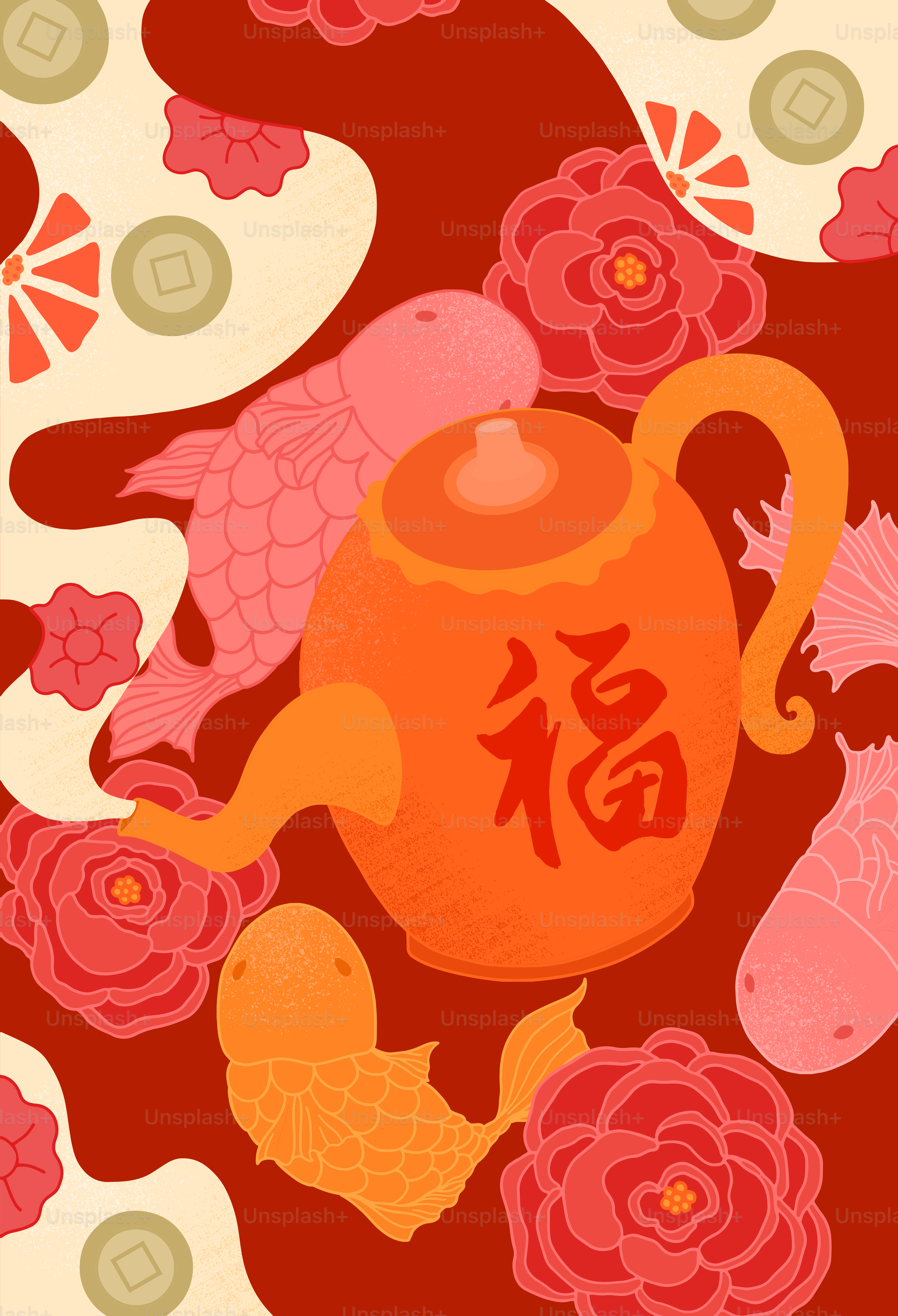 A painting of a teapot with fish and flowers